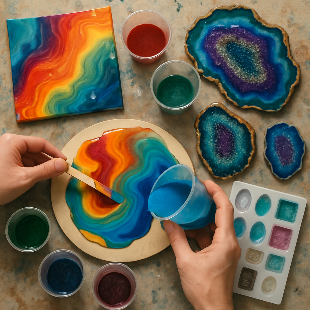 An overhead shot of a resin artist’s table showing vibrant dirty pours, glittering geode pieces, and molds with resin jewelry parts in progress. Alt: Hands creating resin art pouring colorful resin with unique techniques in an online art class.