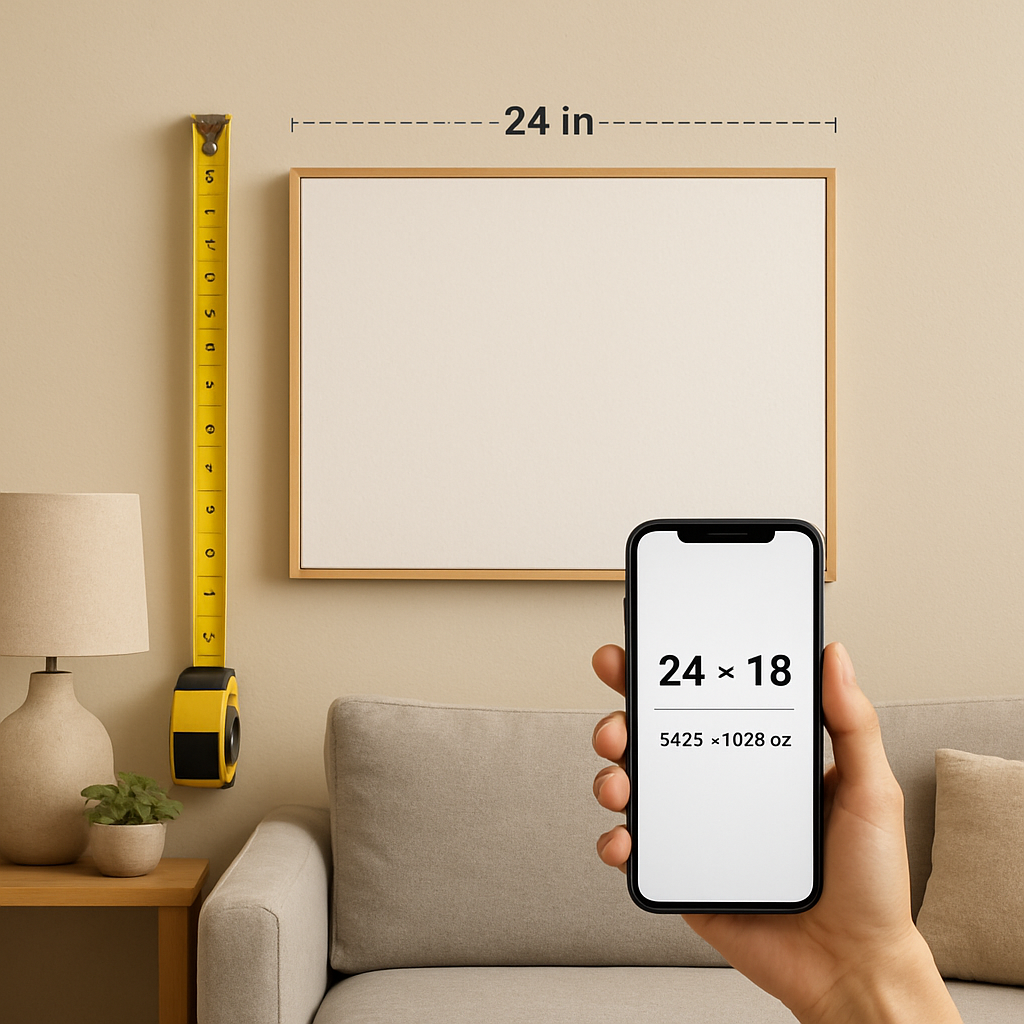 A cozy living‑room wall with a measured tape, a smartphone displaying pixel dimensions, and a mock‑up of a canvas at the measured size. Alt: Measuring canvas size and viewing distance for best resolution canvas prints