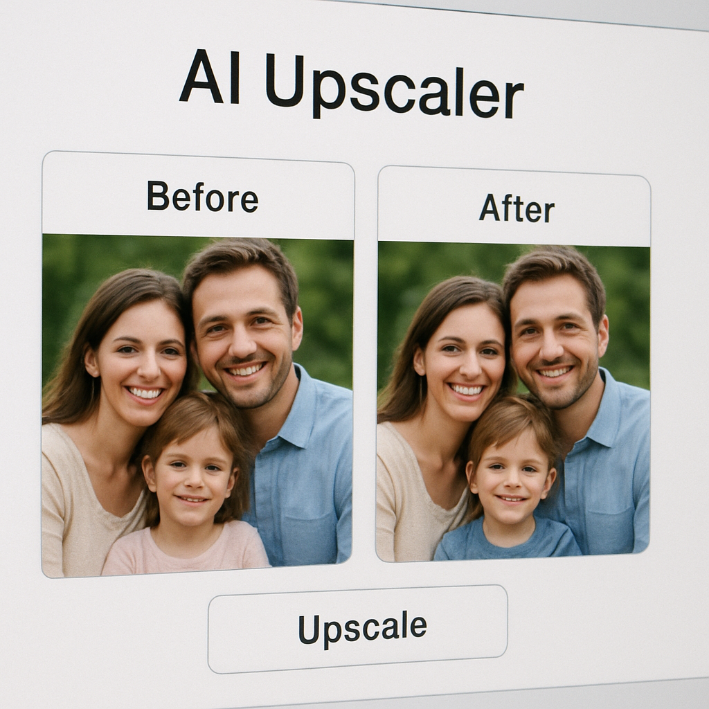 A close‑up of a computer screen showing an AI up‑scaler interface with before‑and‑after thumbnails of a family photo, highlighting the increase in detail and smooth edges. Alt: AI upscaler improves resolution for canvas prints.
