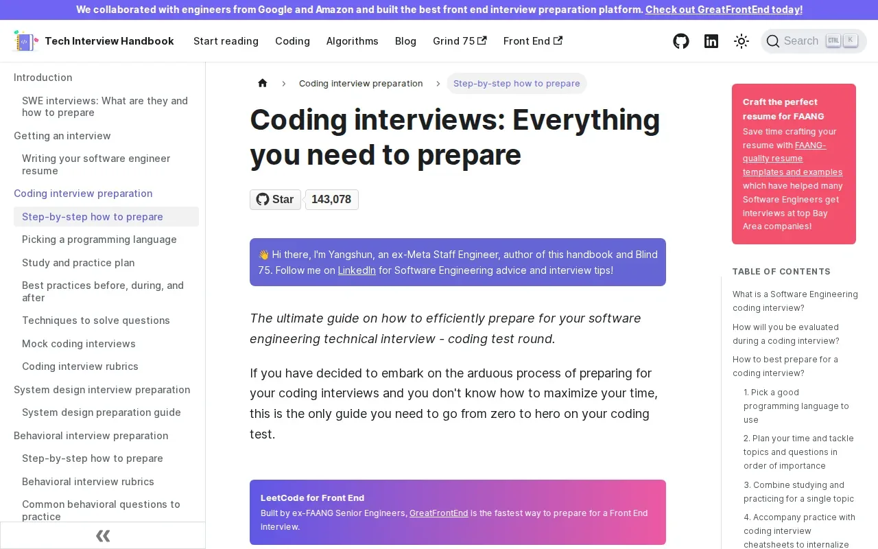 Screenshot of the Tech Interview Handbook website