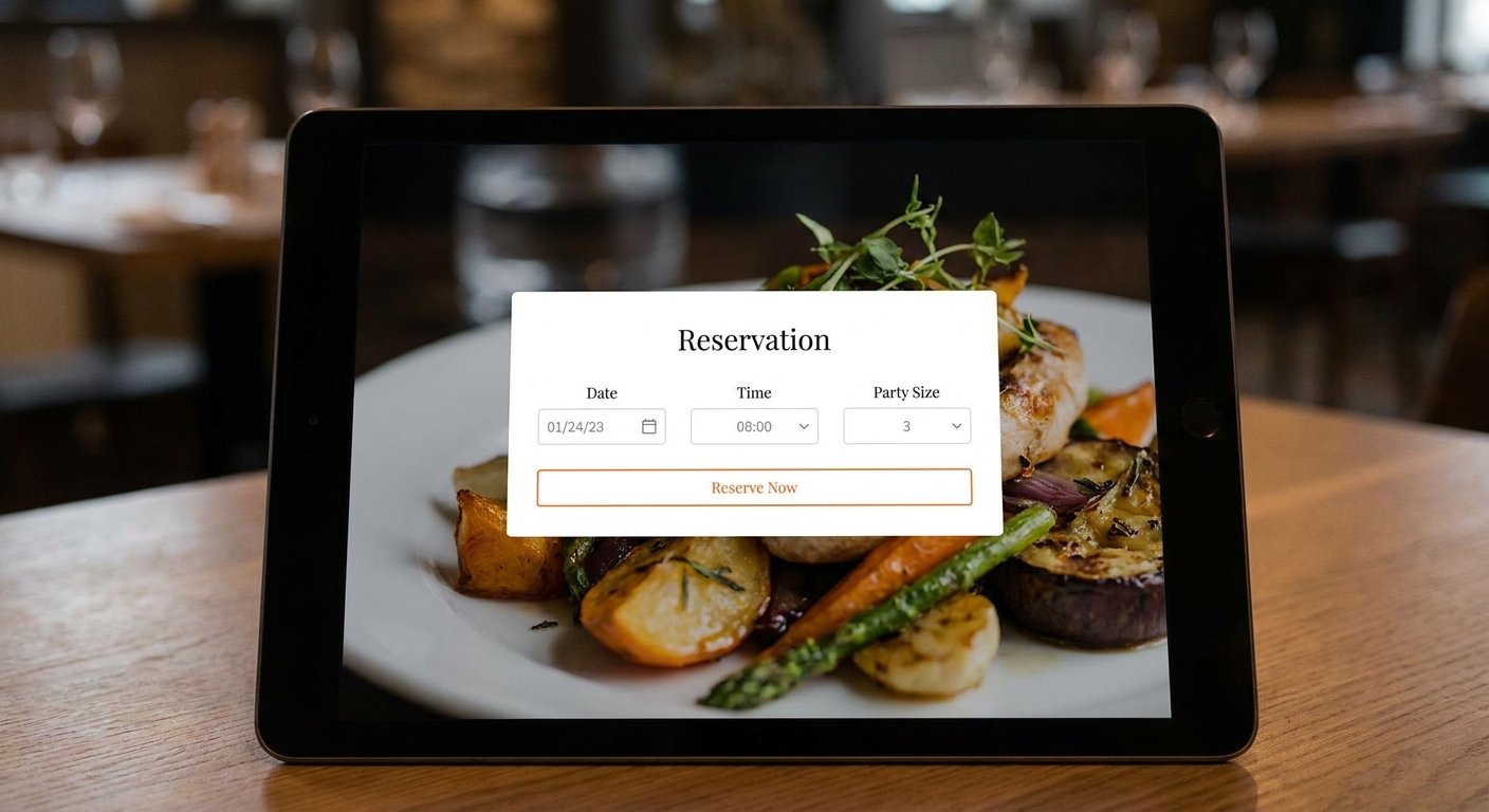 A realistic view of a tablet screen showing a reservation widget embedded on a sleek restaurant homepage, with elegant typography and a high‑resolution dish photo in the background. Alt: Reservation widget on restaurant website.