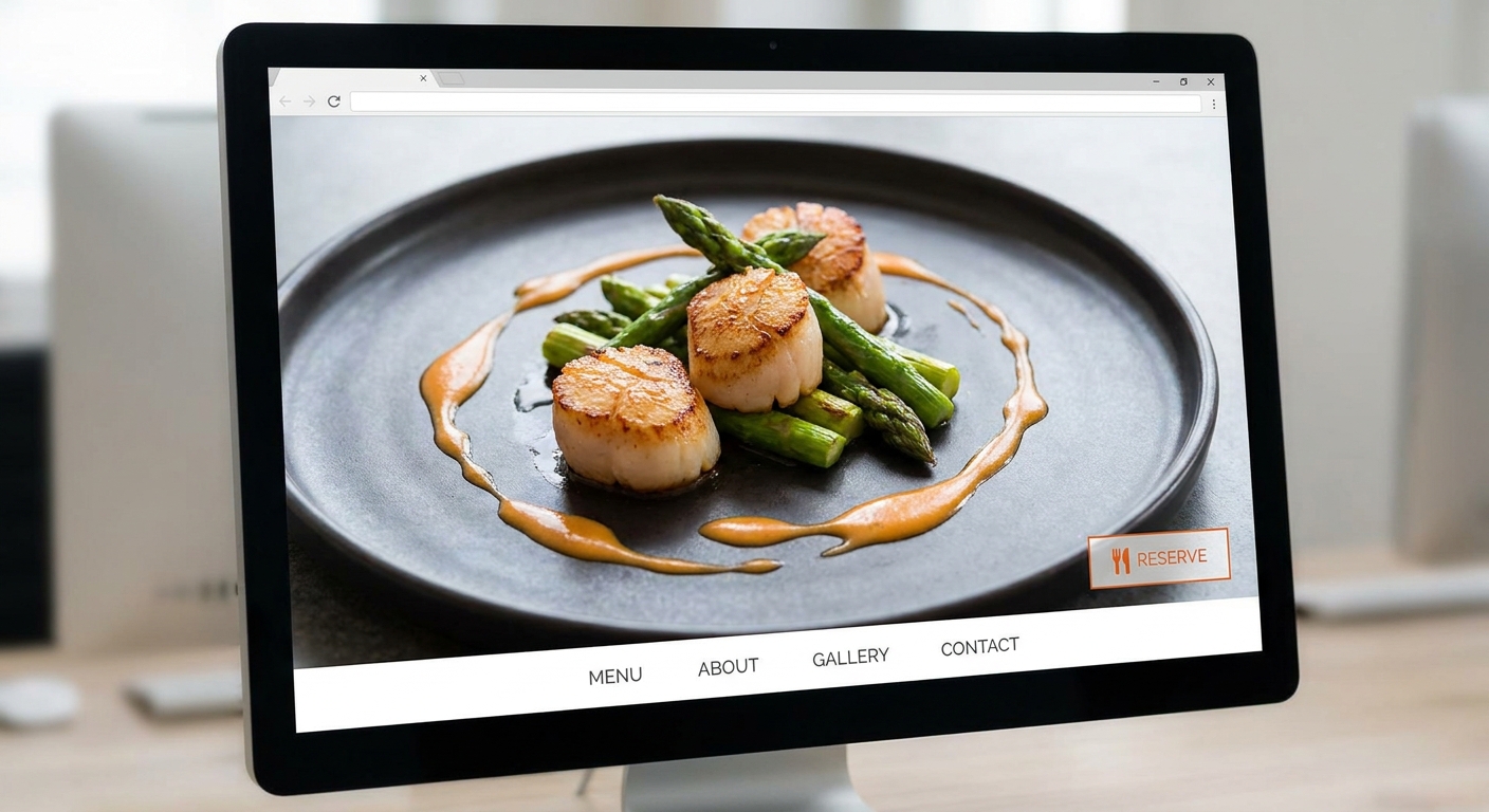 A photorealistic screenshot of a restaurant website template with a large hero image of a plated dish, clear menu navigation, and a subtle reservation button overlay. Alt: Restaurant website template showcasing sleek visuals.