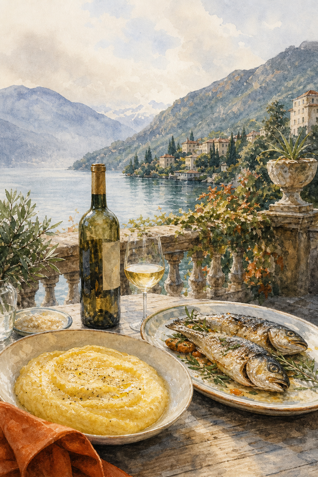 Watercolor illustration of a rustic table set with polenta, lake fish, and a bottle of Lombard wine overlooking a misty lake. Alt: Traditional Lake Como dishes including polenta and lake fish.