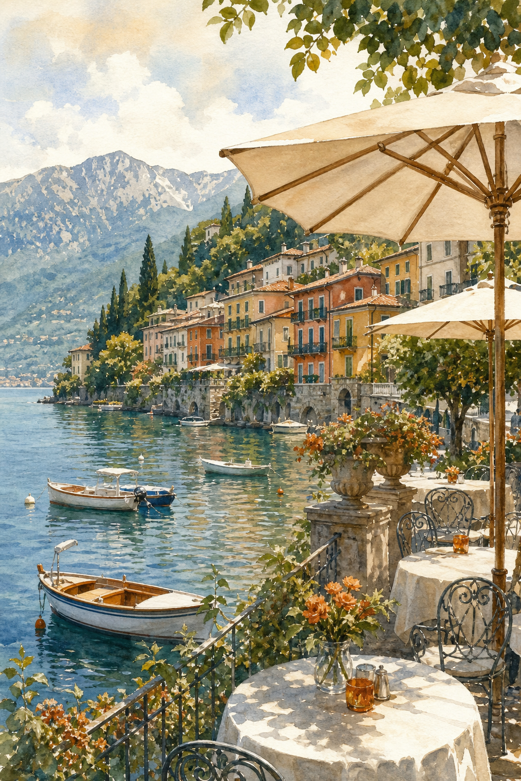 Watercolor view of a restaurant terrace with umbrellas on the lakeside of Bellagio, with colorful buildings and boats. Alt: Lakeside restaurant terrace in Bellagio with view of Lake Como.