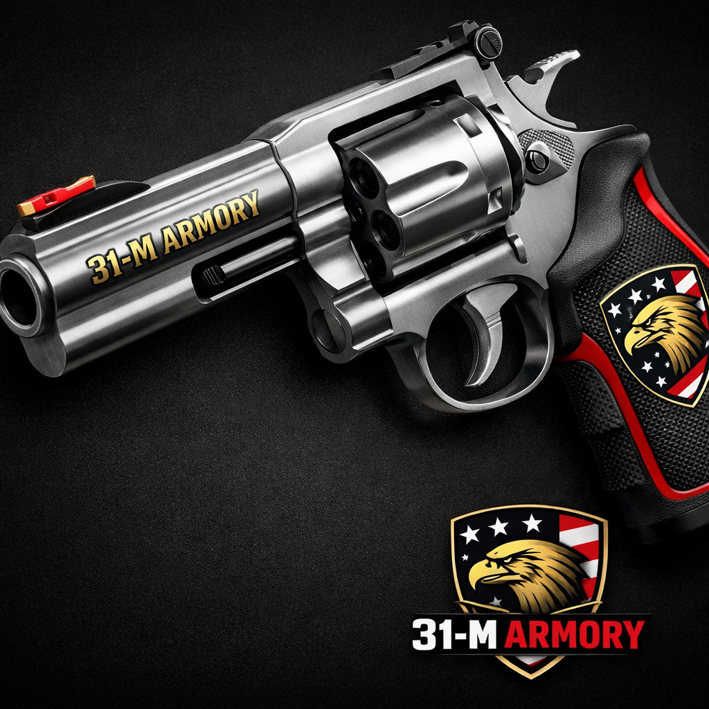 A photorealistic illustration of a stainless steel revolver on a matte black background, focusing on the barrel and grip texture. Alt: balanced accuracy revolver.