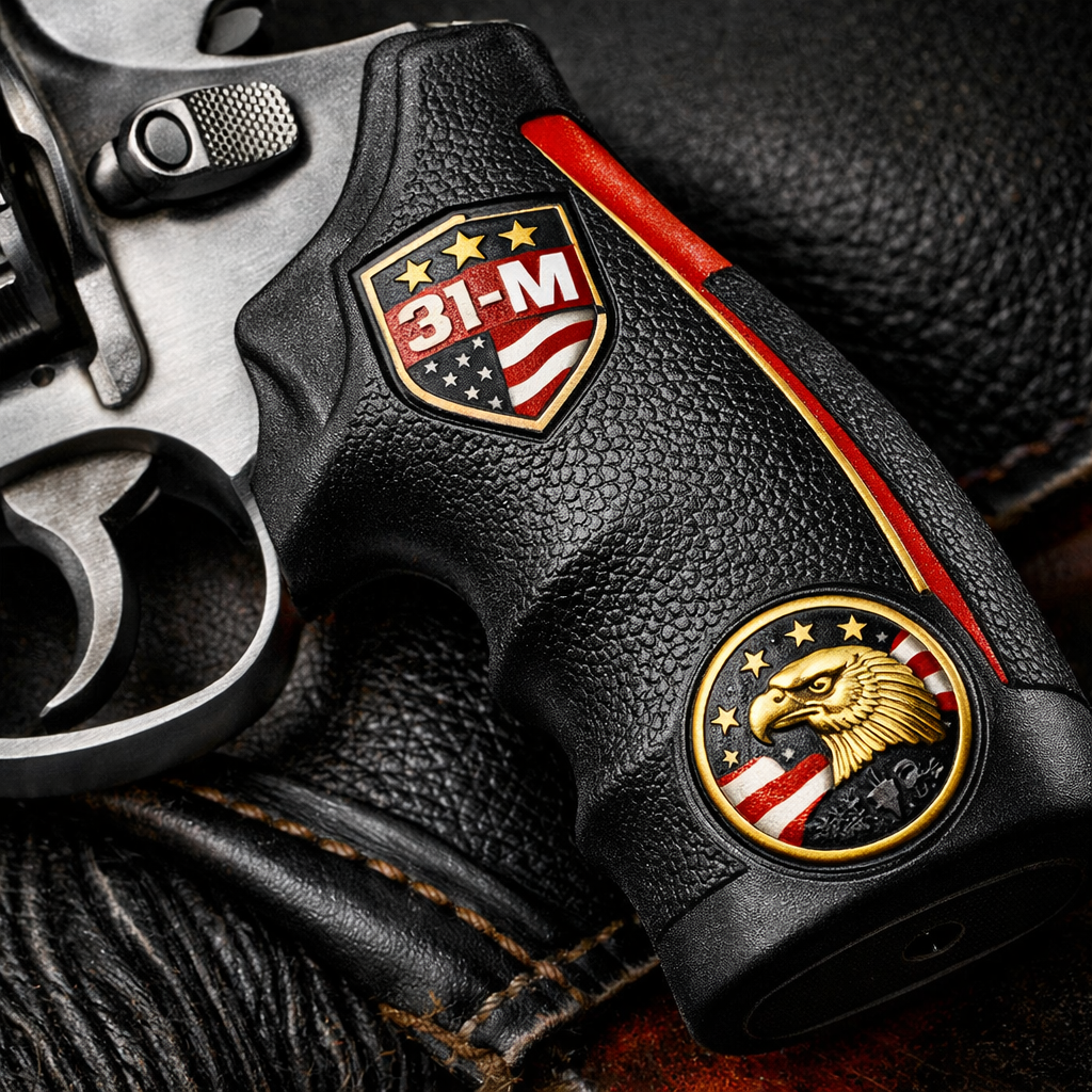 A photorealistic close‑up of a rugged revolver grip with rubber texture, showing the steel frame and cylinder, realistic lighting, realism style, alt: durable revolver grip for self defense