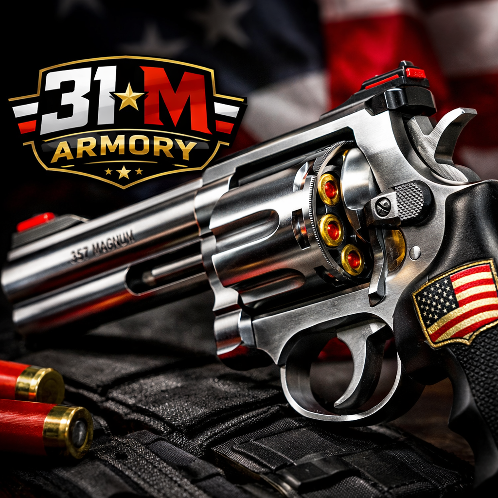 A realistic illustration of a sturdy revolver with a polished steel finish, showing the cylinder and barrel, realism style, alt: powerful home defense revolver