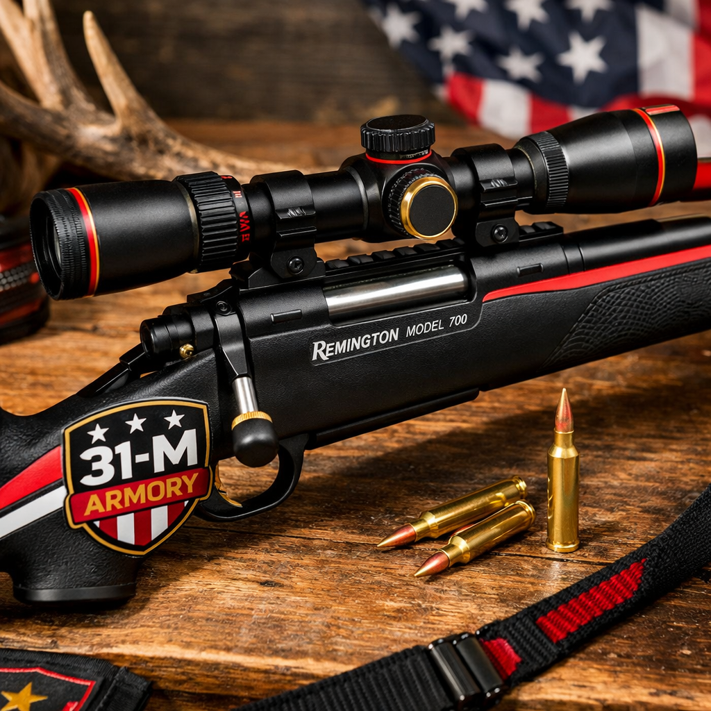 A realistic close‑up of a bolt‑action rifle on a wooden table, with a scope mounted, soft natural lighting, alt: Remington Model 700 elk hunting rifle