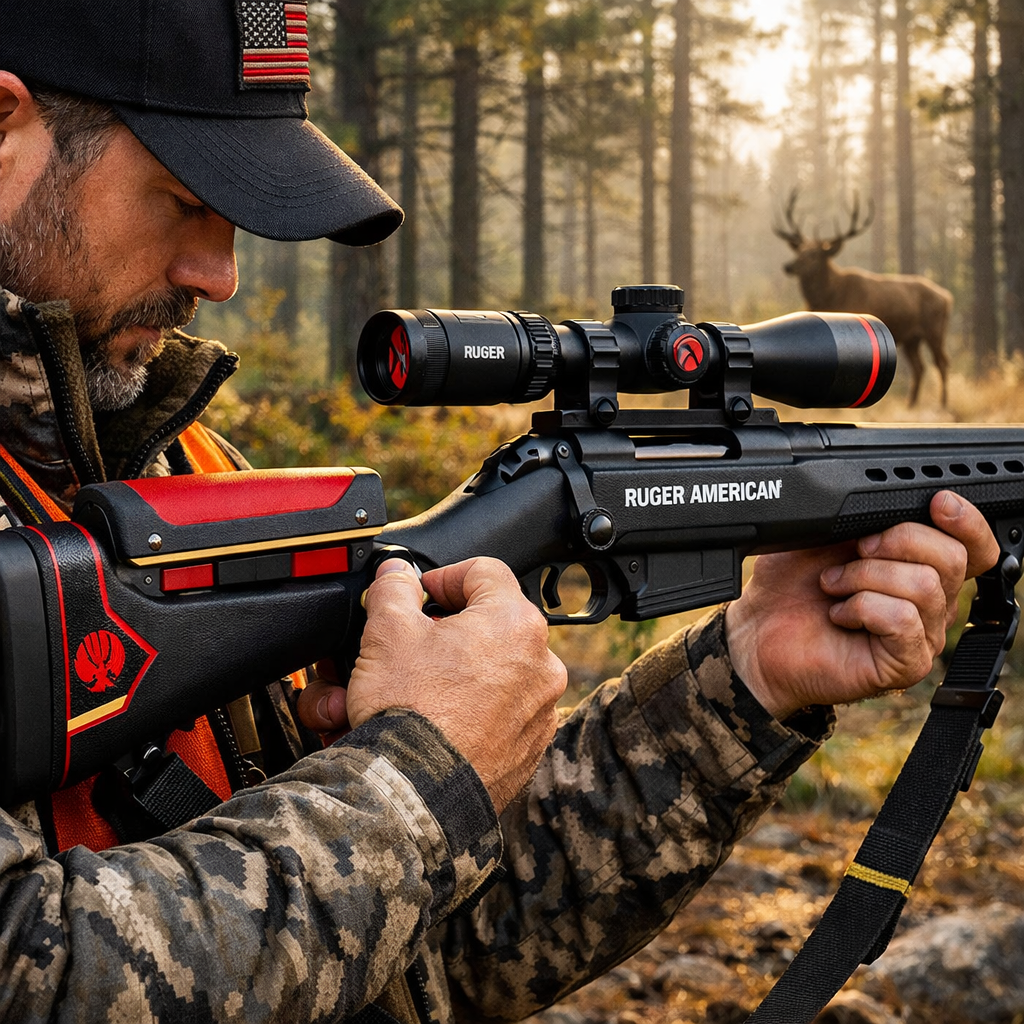 A realistic scene of a hunter adjusting a synthetic stock on a bolt‑action rifle in a forest, soft morning light, alt: Ruger American Gen II elk hunting rifle