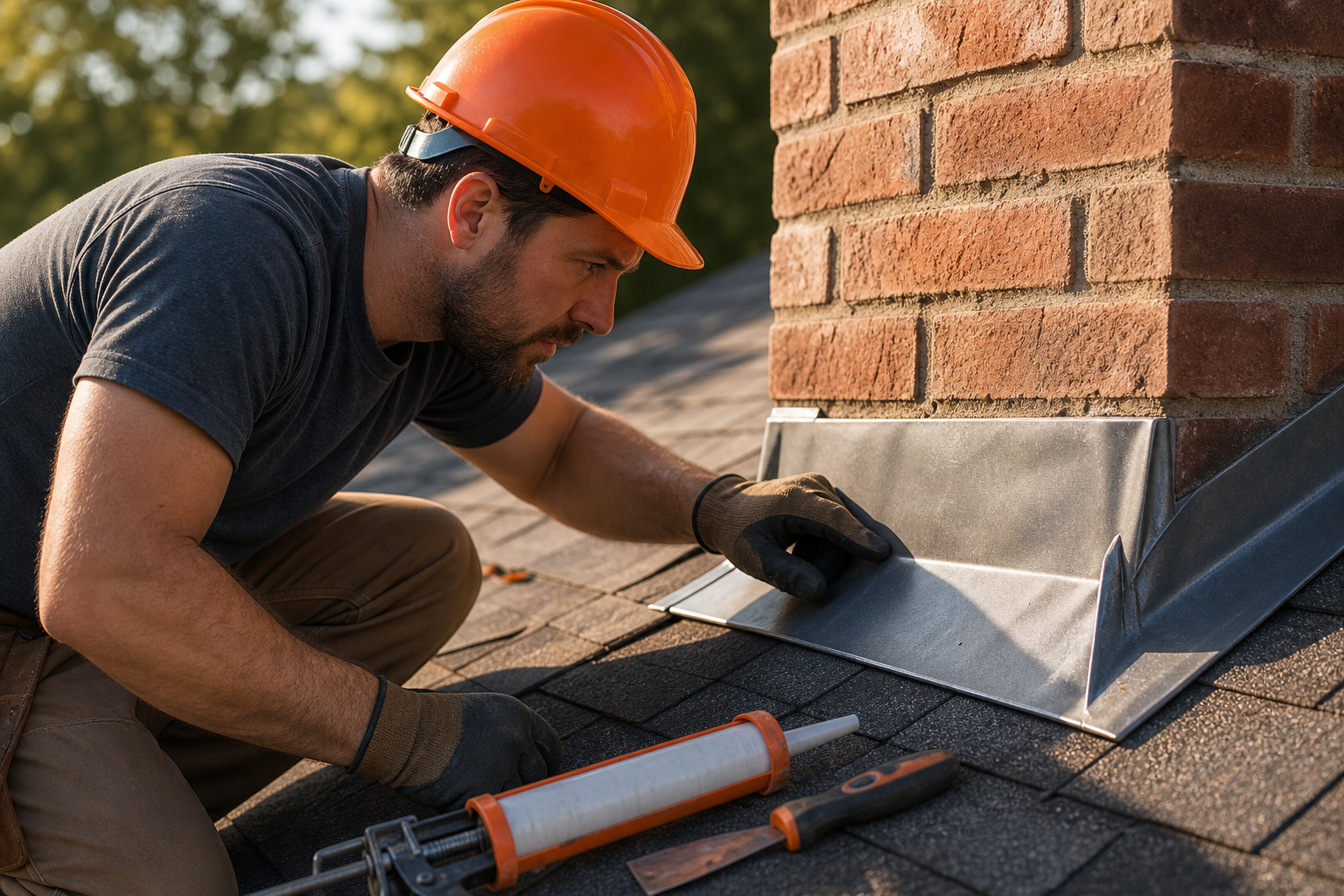 professional inspecting metal roof flashing before sealant repair