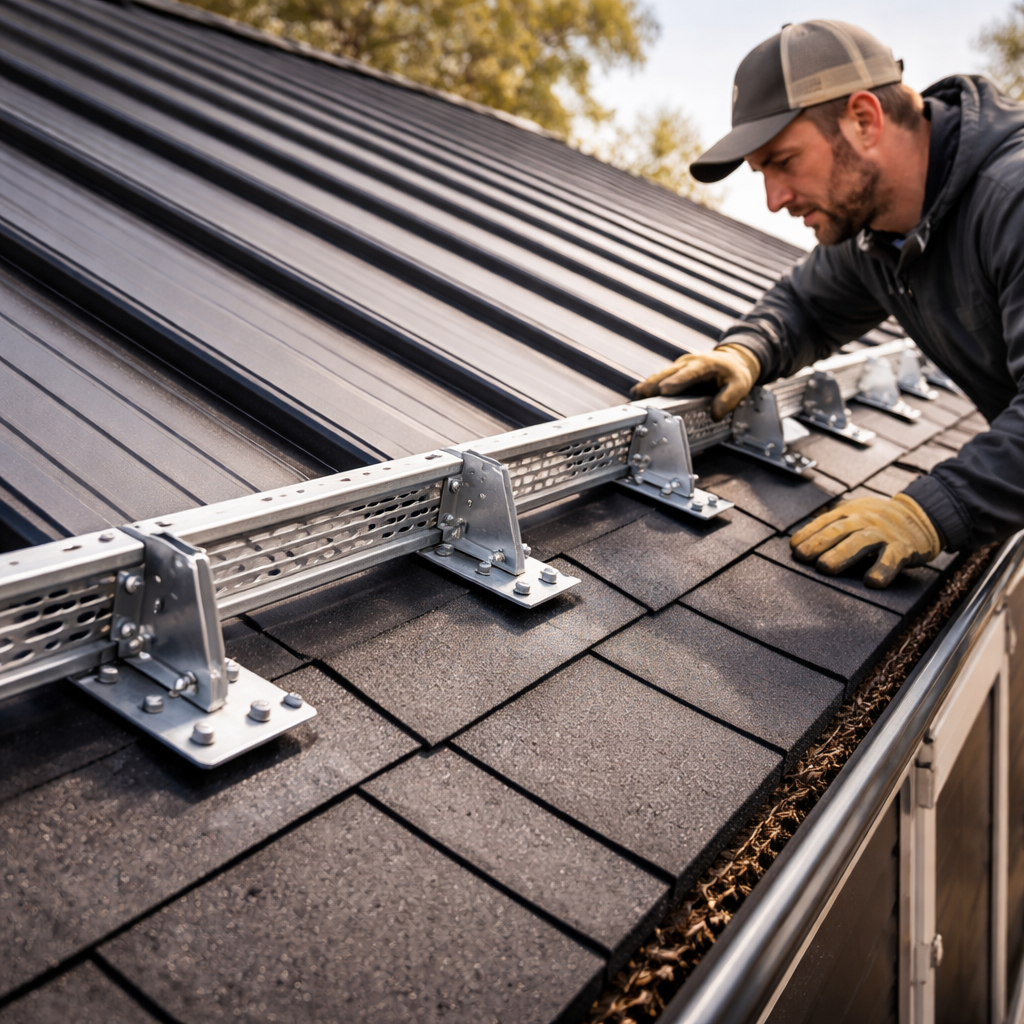 A photorealistic scene of a homeowner inspecting a roof with snow guards installed on a metal roof, realistic lighting, showing close‑up of clamp‑on plates and surrounding shingles. Alt: Best roof snow guard installation guide visual guide.