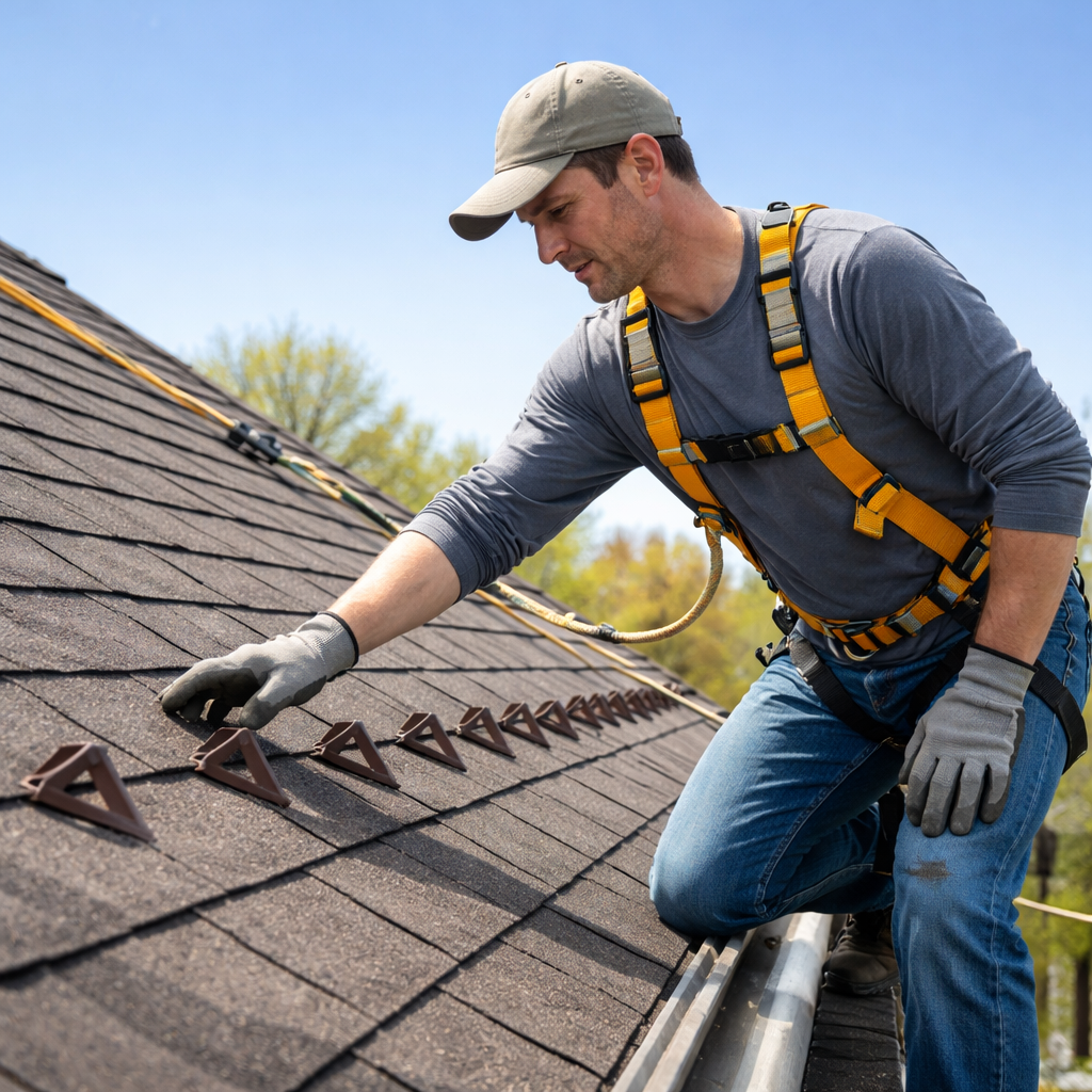 A photorealistic scene of a homeowner in a safety harness walking along a sloped roof, gently testing snow guards with a hand, clear blue sky background, realistic lighting, showing the inspection process. Alt: homeowner inspecting roof snow guards during spring maintenance.