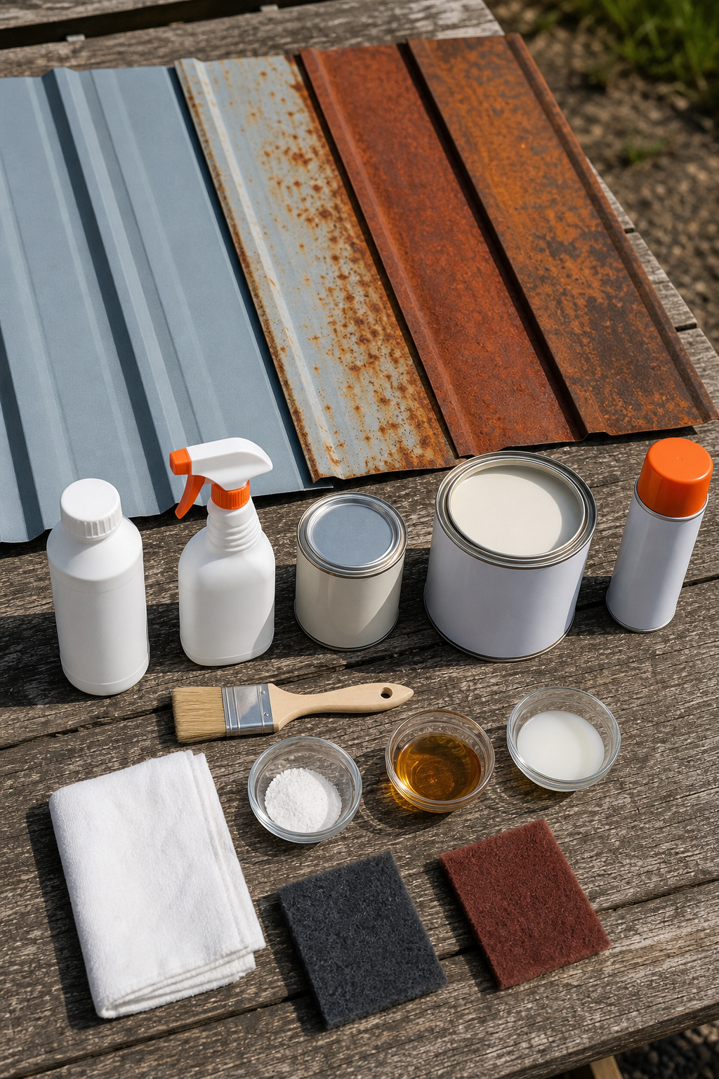 A photorealistic overhead shot of various rust inhibitor product types laid out on a weathered wooden workbench next to metal roof panel samples showing different rust stages, natural outdoor lighting. Alt: choosing the best rust inhibitor for metal roof panels on a workbench.