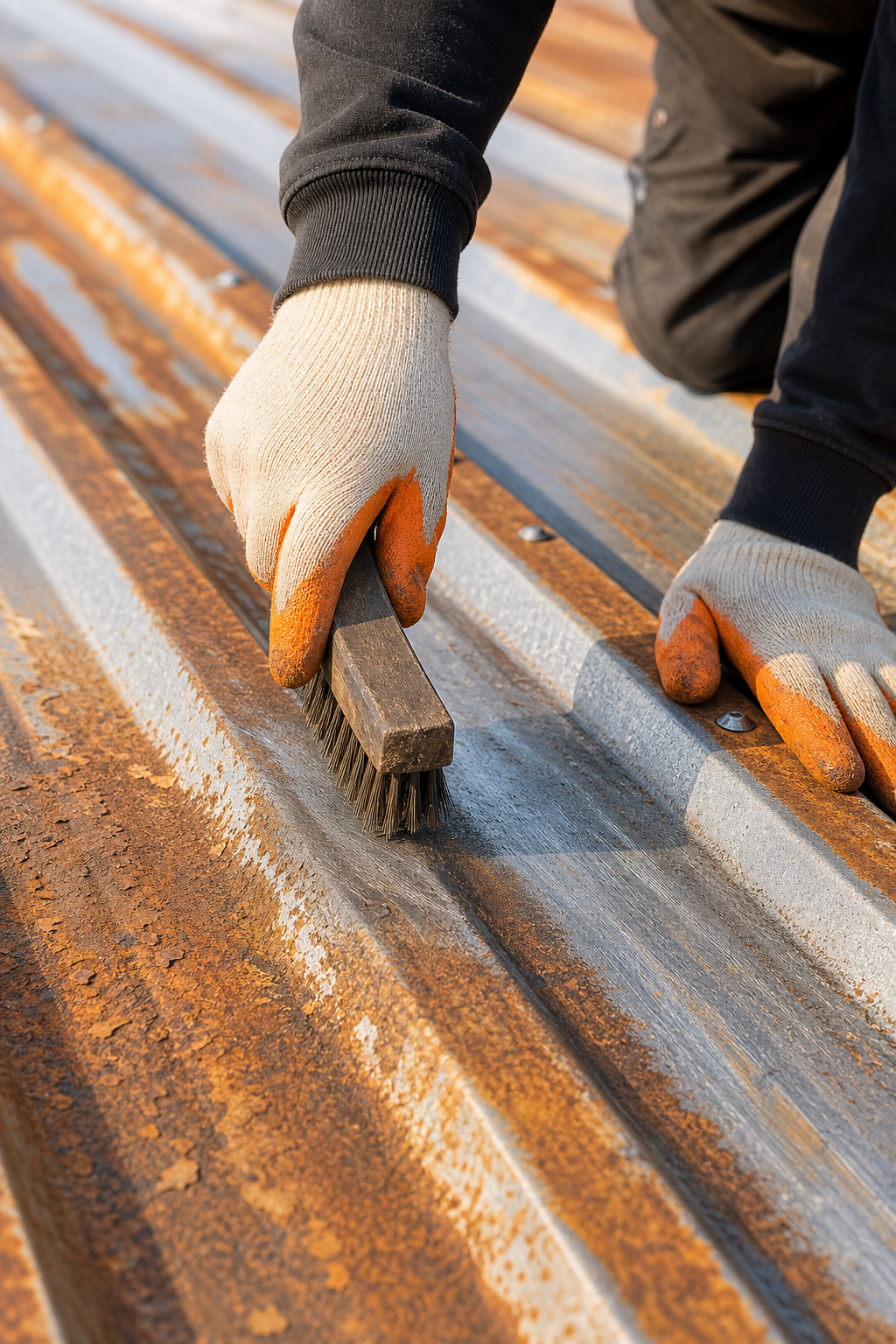 A photorealistic close-up of a worker in work gloves using a wire brush to remove rust from a corrugated metal roof panel surface, warm natural daylight, realistic textures visible on the metal. Alt: preparing metal roof surface by removing rust before applying rust inhibitor.