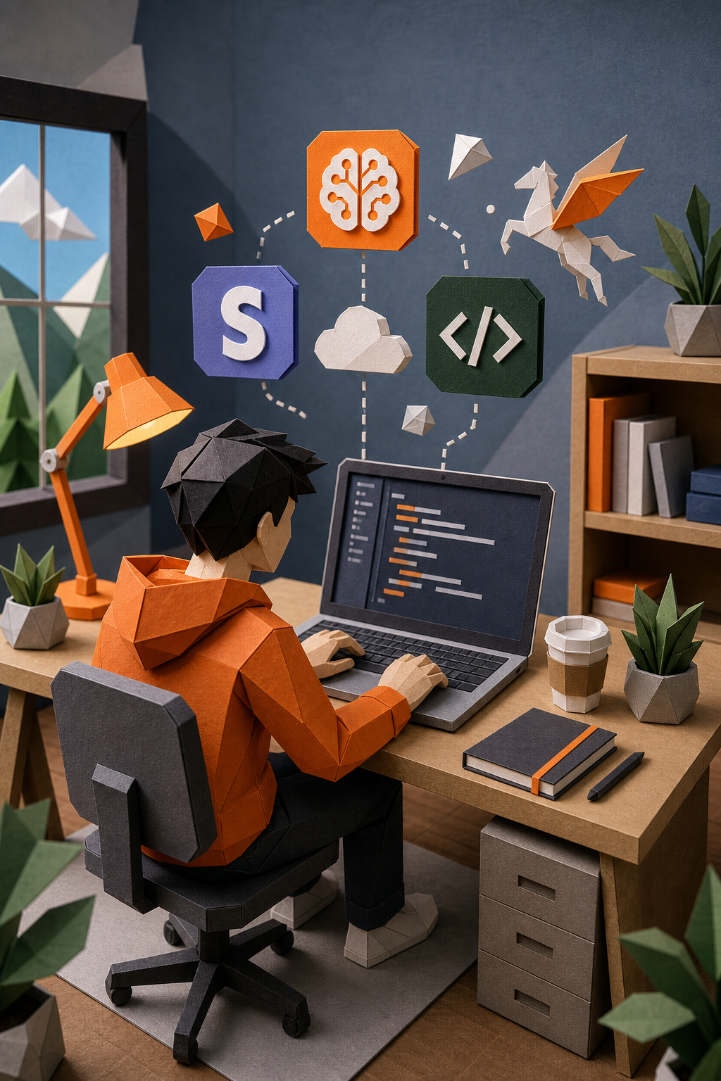 A papercraft scene of a developer coding at a desk surrounded by floating icons of AI, Stripe, and Django, illustrating a powerful SaaS starter kit. Alt: SaaS Pegasus developer toolkit illustration