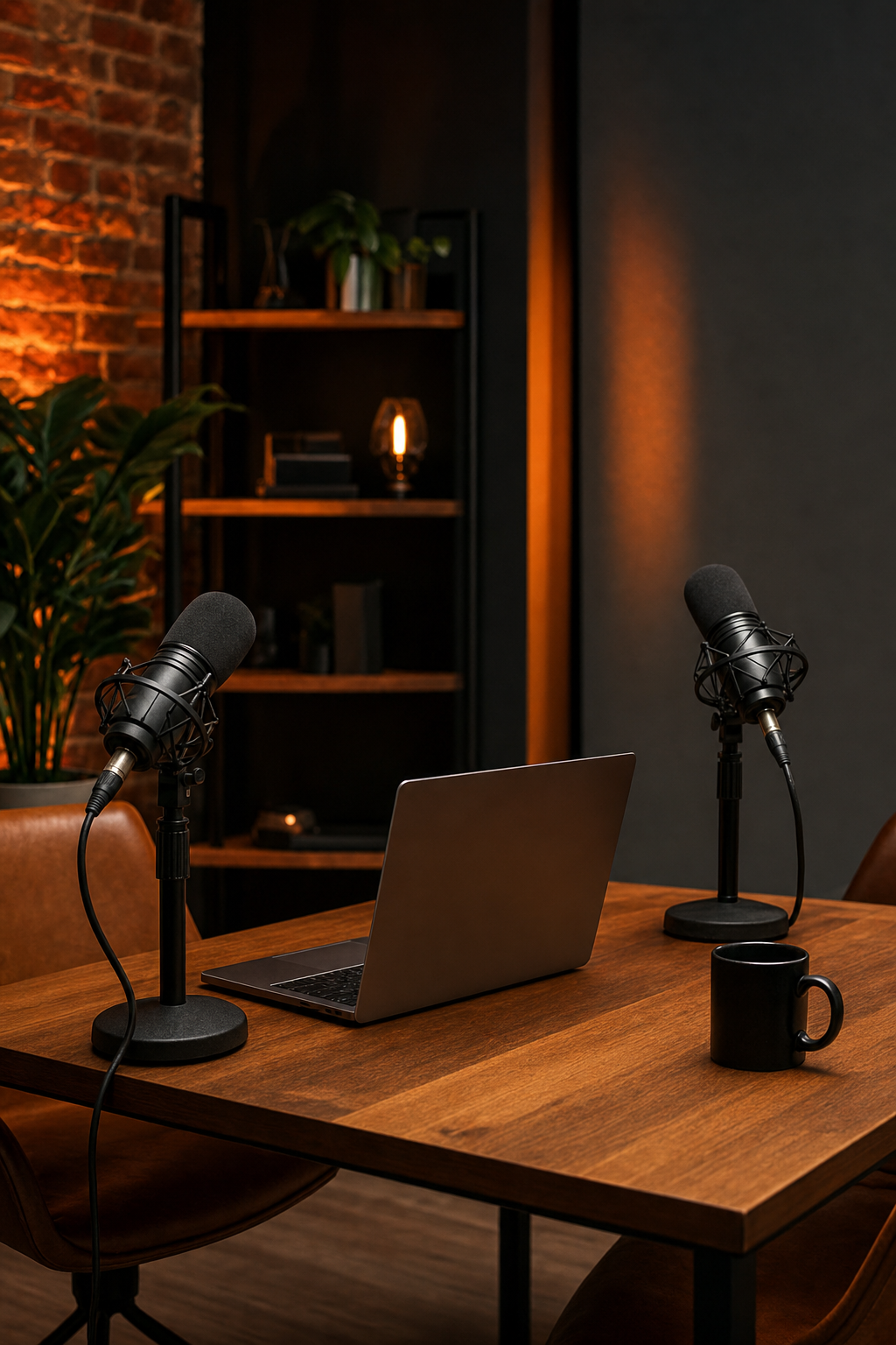 A cozy podcast recording setup with two microphones and a laptop on a wooden desk, warm lighting, cinematic. Alt: Profitable Founder Podcast studio setup