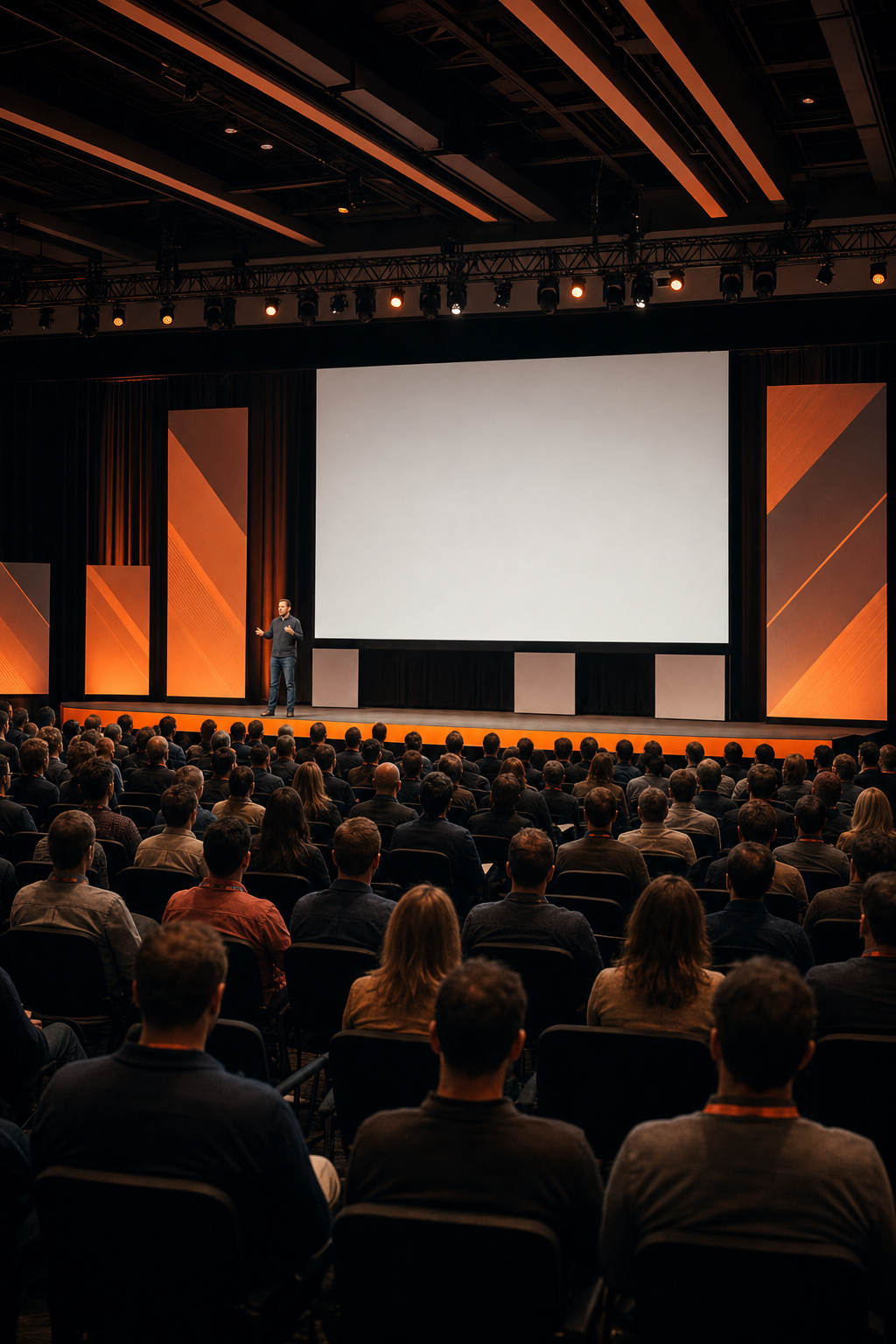 A large conference hall with a stage and audience, SaaStr event, cinematic lighting, Alt: SaaStr scaling workshop