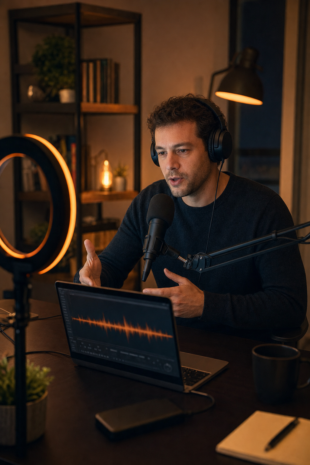 A cinematic shot of a bootstrapped SaaS founder recording a podcast episode at a modern desk setup with an orange-lit ring light, microphone, and laptop showing a waveform , warm ambient light, focused and real. Alt: SaaS founder recording a podcast episode for Profitable Founder Podcast.