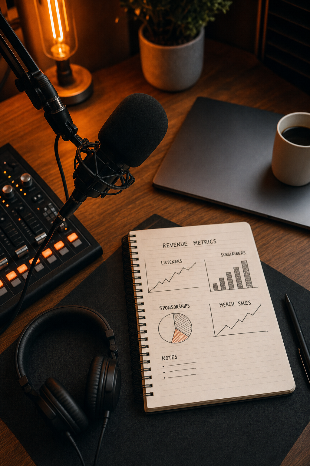 A cinematic overhead view of a podcast studio setup with a professional microphone, audio interface, headphones, and a notebook with revenue metrics written on it , warm orange accent lighting, real working environment. Alt: Podcast monetization setup for a SaaS or business podcast host using Podbean.