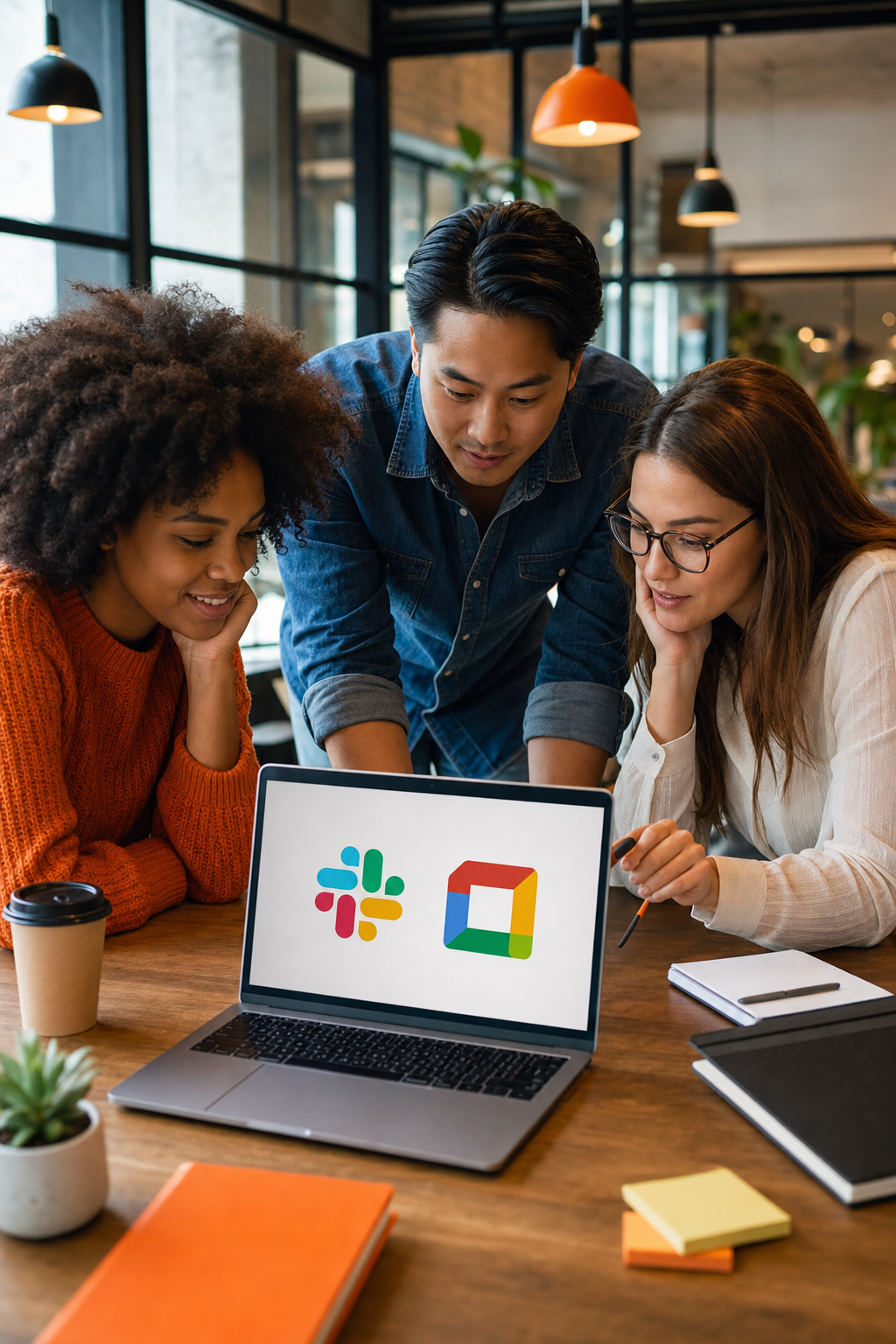 A diverse team of three huddled around a laptop in a bright, modern co-working space, with Slack and Google Workspace icons visible on the screen. Alt: Startup team collaborating using communication tools like Slack and Google Workspace.