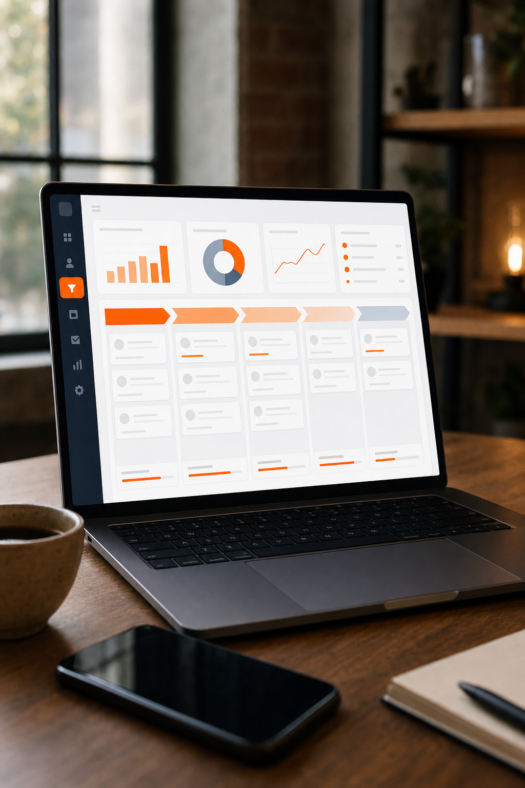 A sales dashboard on a laptop screen showing a pipeline with stages and deal values, with a phone and coffee cup nearby. Alt: Saas CRM dashboard with sales pipeline and deal tracking.