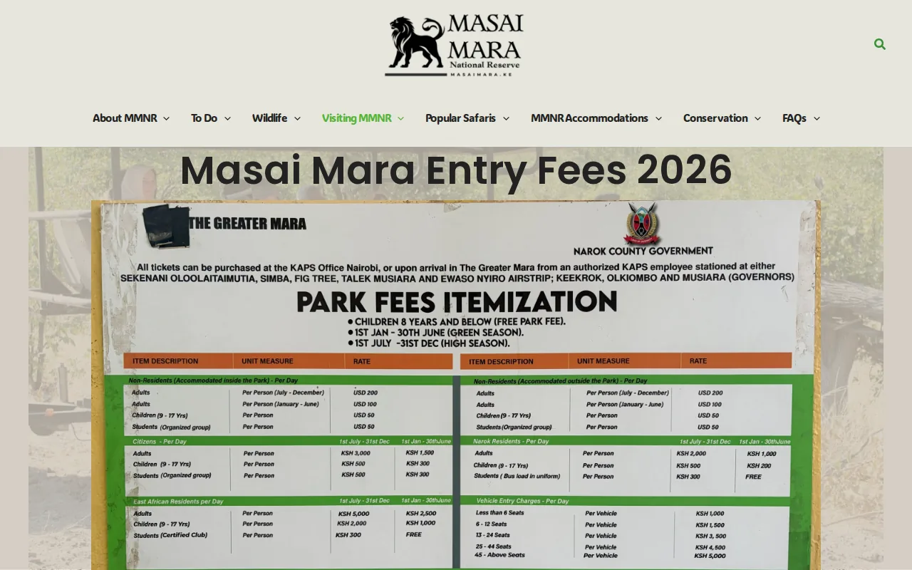 Screenshot of the Masai Mara National Reserve website