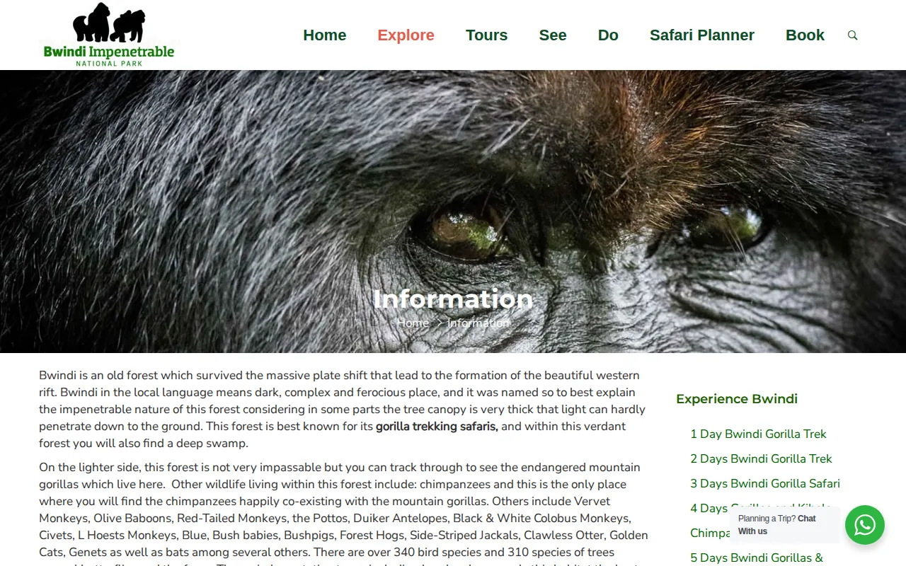 Screenshot of the Bwindi Impenetrable National Park website