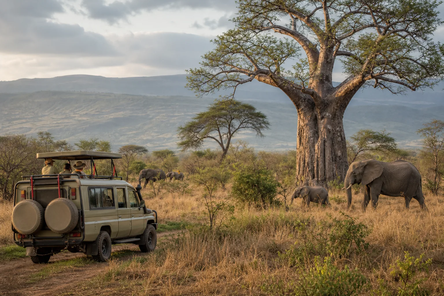 Tanzania family safari destinations with elephants and baobab trees