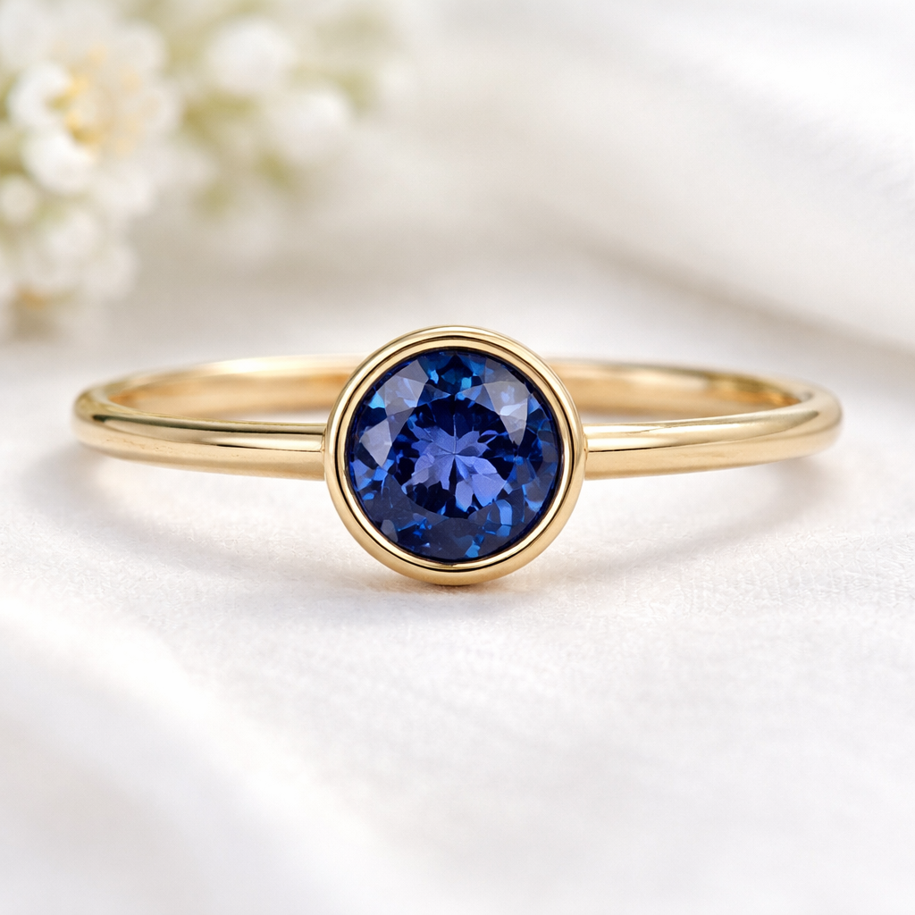 A photorealistic close‑up of a classic sapphire solitaire engagement ring set in a thin gold bezel, showing the deep blue gem sparkling on a soft white background, appealing to women planning a wedding in Switzerland or the United Kingdom. Alt: Classic sapphire solitaire engagement ring, gold bezel, timeless elegance.