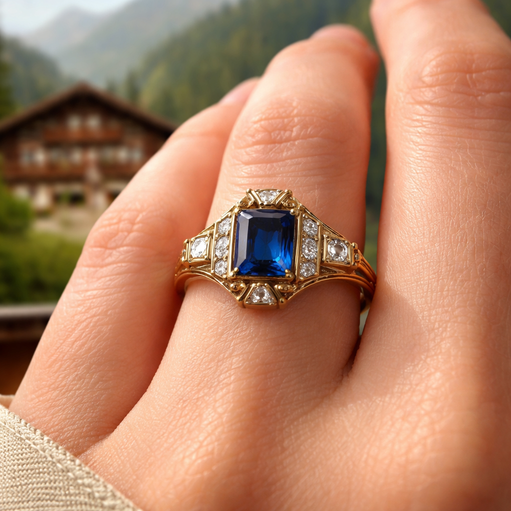 A photorealistic close‑up of a vintage Art Deco sapphire engagement ring on a woman's hand, showcasing geometric side stones, bold gold arches, and a deep blue sapphire centre, set against a soft Swiss chalet backdrop. Alt: Vintage Art Deco sapphire ring old‑world glamour.