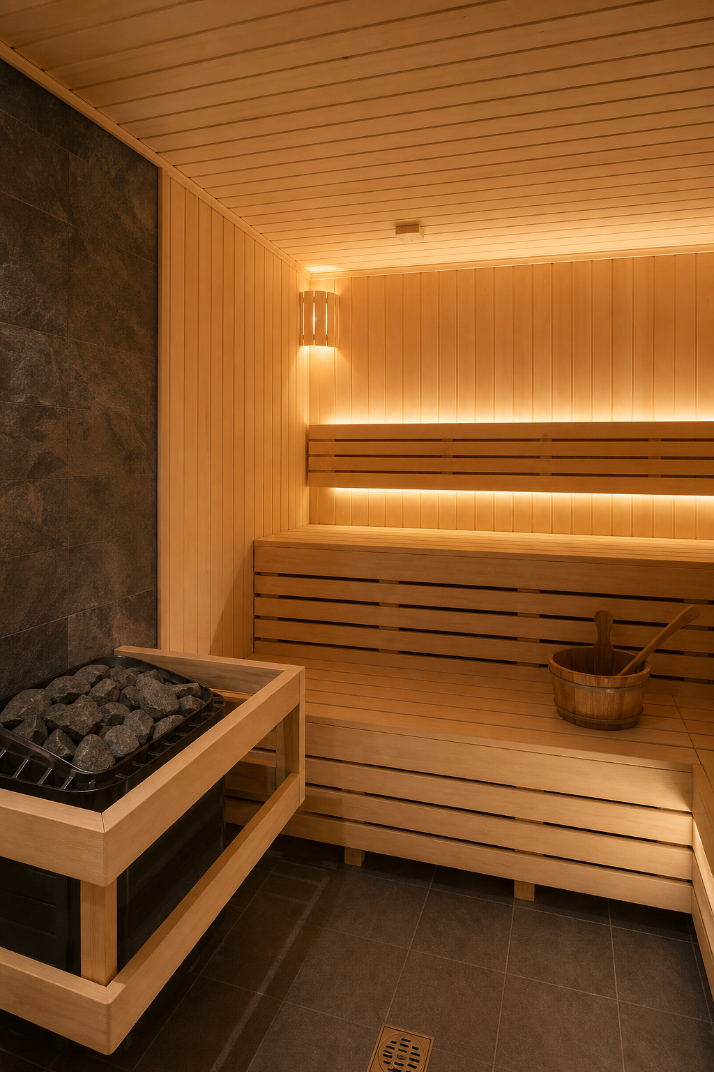 A realistic photo of a modern traditional sauna interior with wooden benches, a heater with stones, and soft ambient lighting. Alt: Traditional sauna interior with wooden benches and heater.