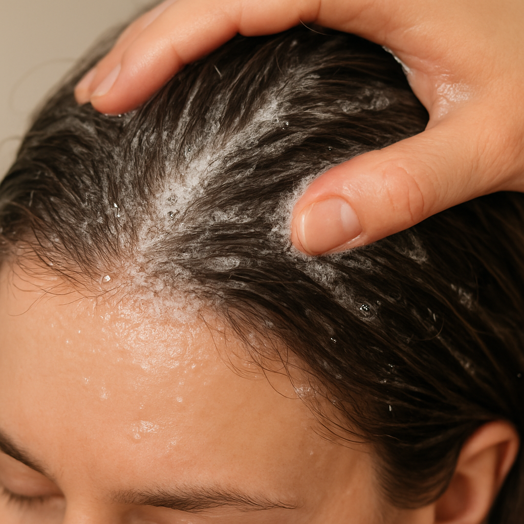 A close‑up of a hand massaging a light‑colored salicylic acid scalp scrub into a person’s hair, showing bubbles and healthy scalp texture. Alt: Salicylic acid scalp scrub for hair growth, deep clean, thinning hair.