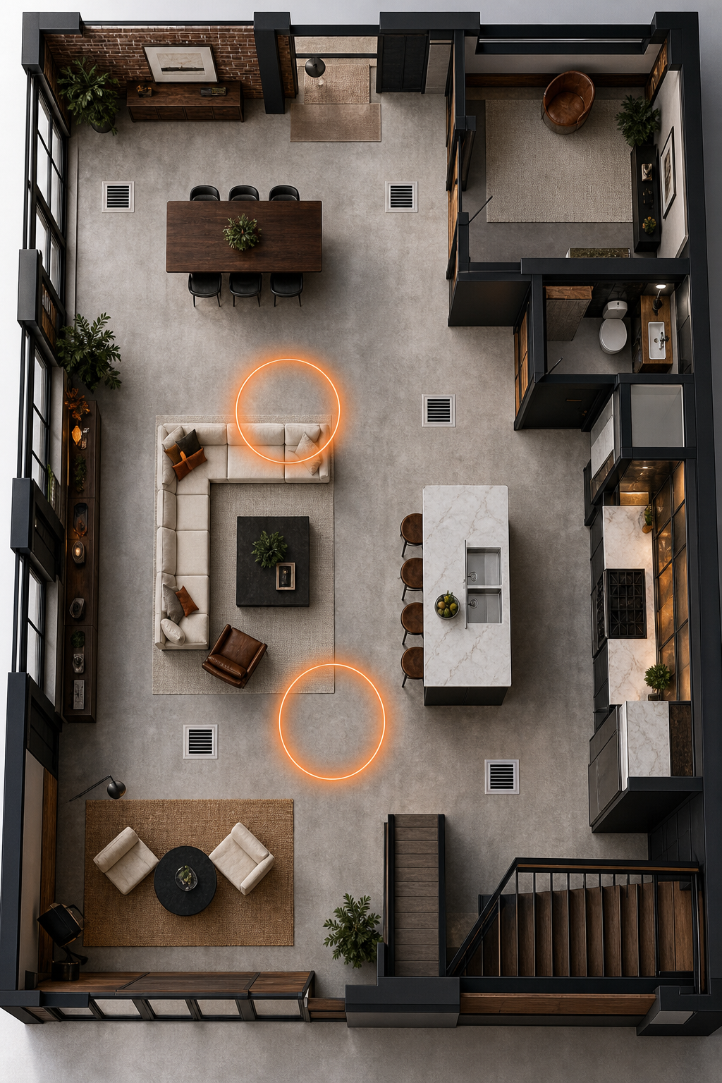 A top-down architectural floor plan illustration of an open-plan loft space showing furniture layout, HVAC vent positions, and two glowing orange circles marking optimal diffuser placement zones near the central living area and kitchen transition. Clean lines, warm accent color #FF6B00, no text or labels. Alt: Floor plan diagram showing optimal diffuser placement zones in an open-plan loft to avoid scent dead zones.