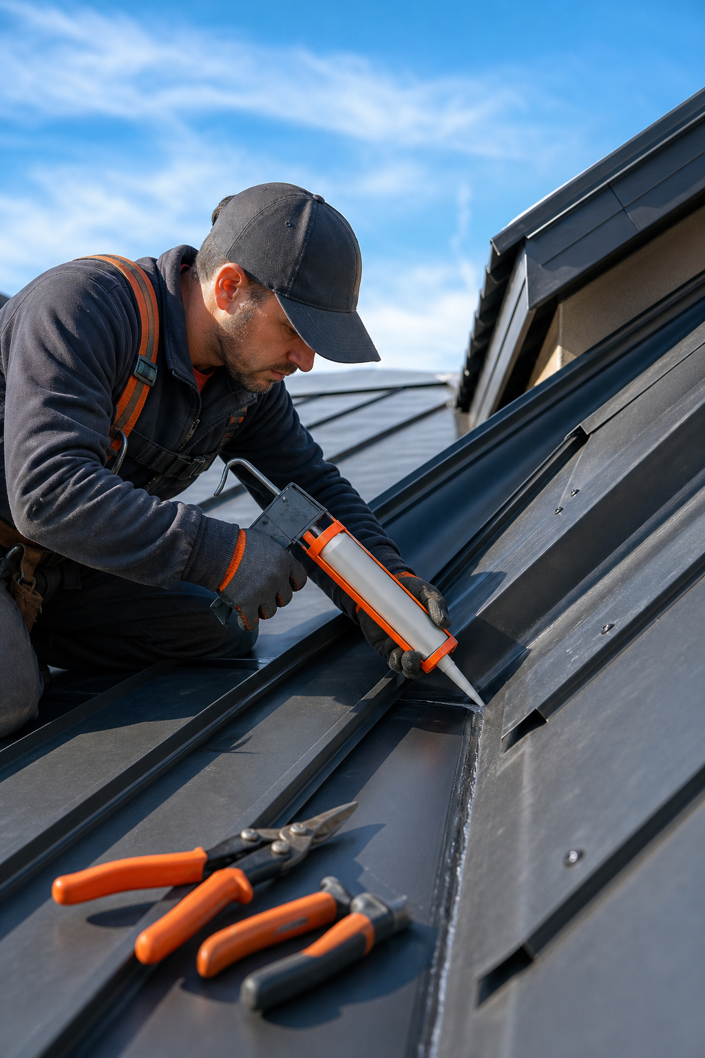 A photorealistic scene of a professional roofer in work gear sealing metal roof flashing at a valley joint on a residential home, with orange-accented tools visible on the roof surface and blue sky in the background. Alt: professional roofer applying sealant to metal roof flashing leak repair.