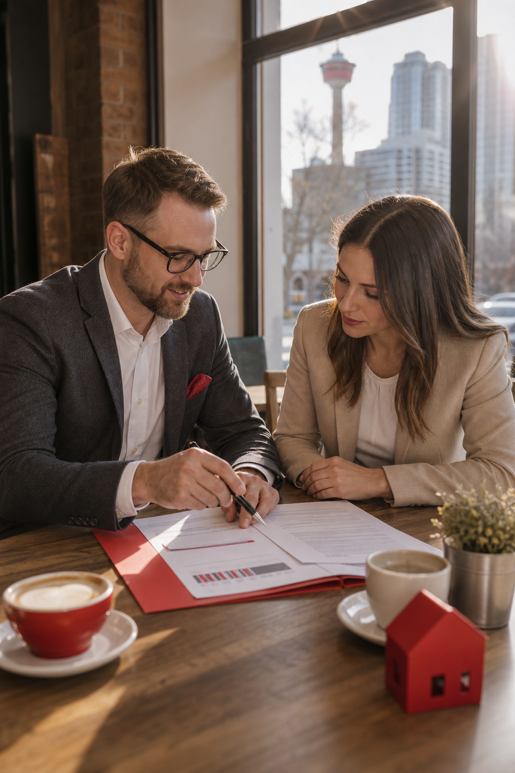 A self-employed business owner reviewing mortgage documents with a mortgage broker at a wooden table in a Calgary coffee shop. Sunlight streams in. Alt: Flexible documentation options for self-employed mortgages in Calgary.