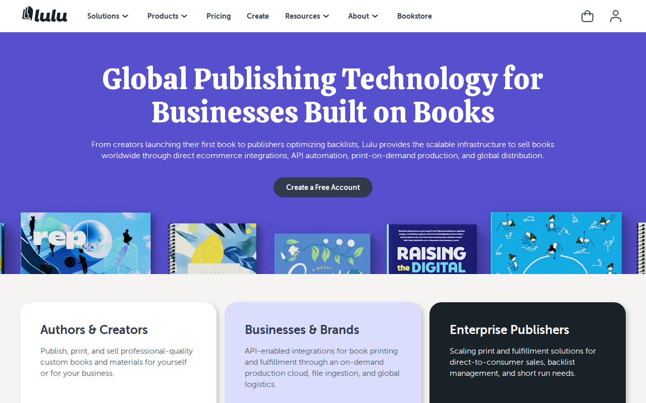 Lulu print-on-demand publishing platform homepage for specialty nonfiction formats