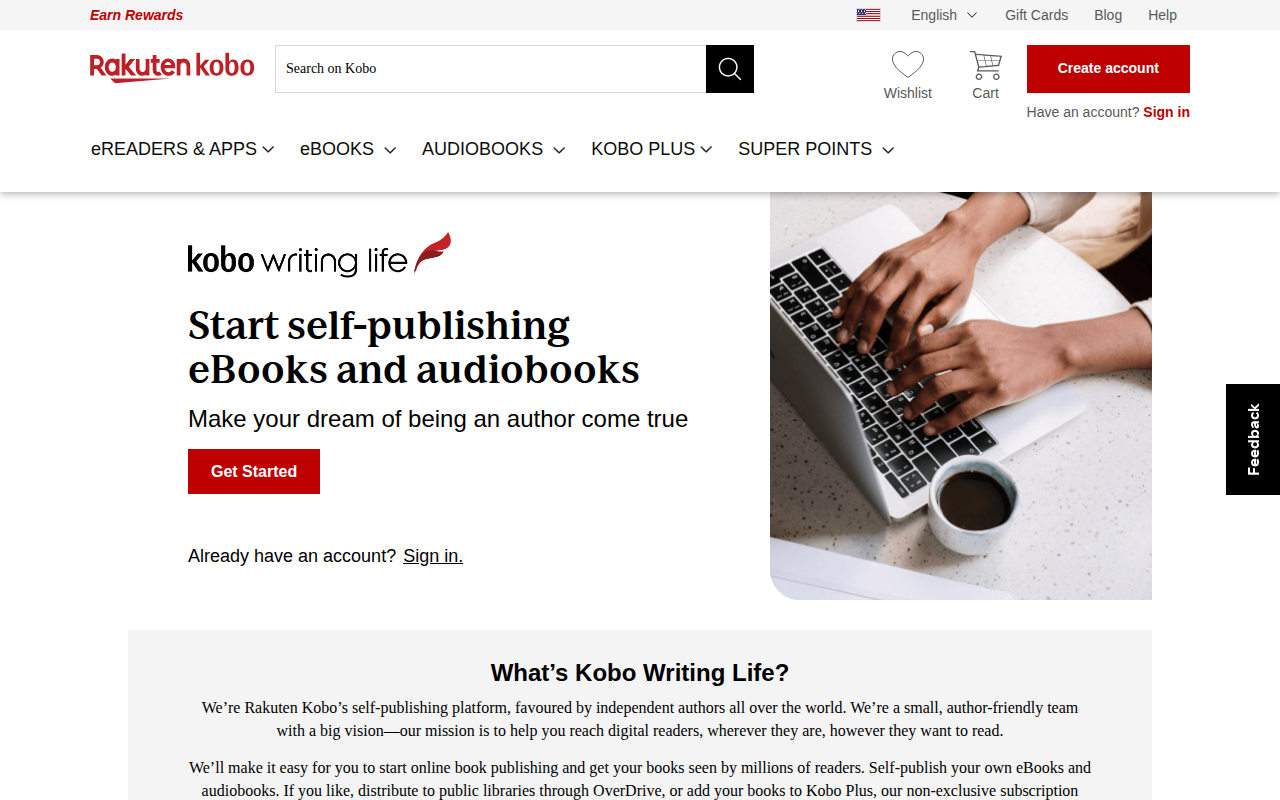 Kobo Writing Life ebook publishing platform homepage for international nonfiction distribution
