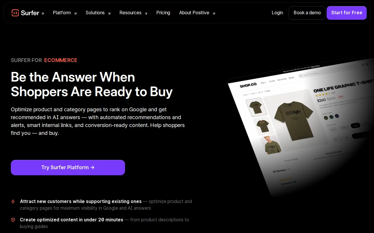 Screenshot of the Surfer: batch on-page optimization for product and category pages website