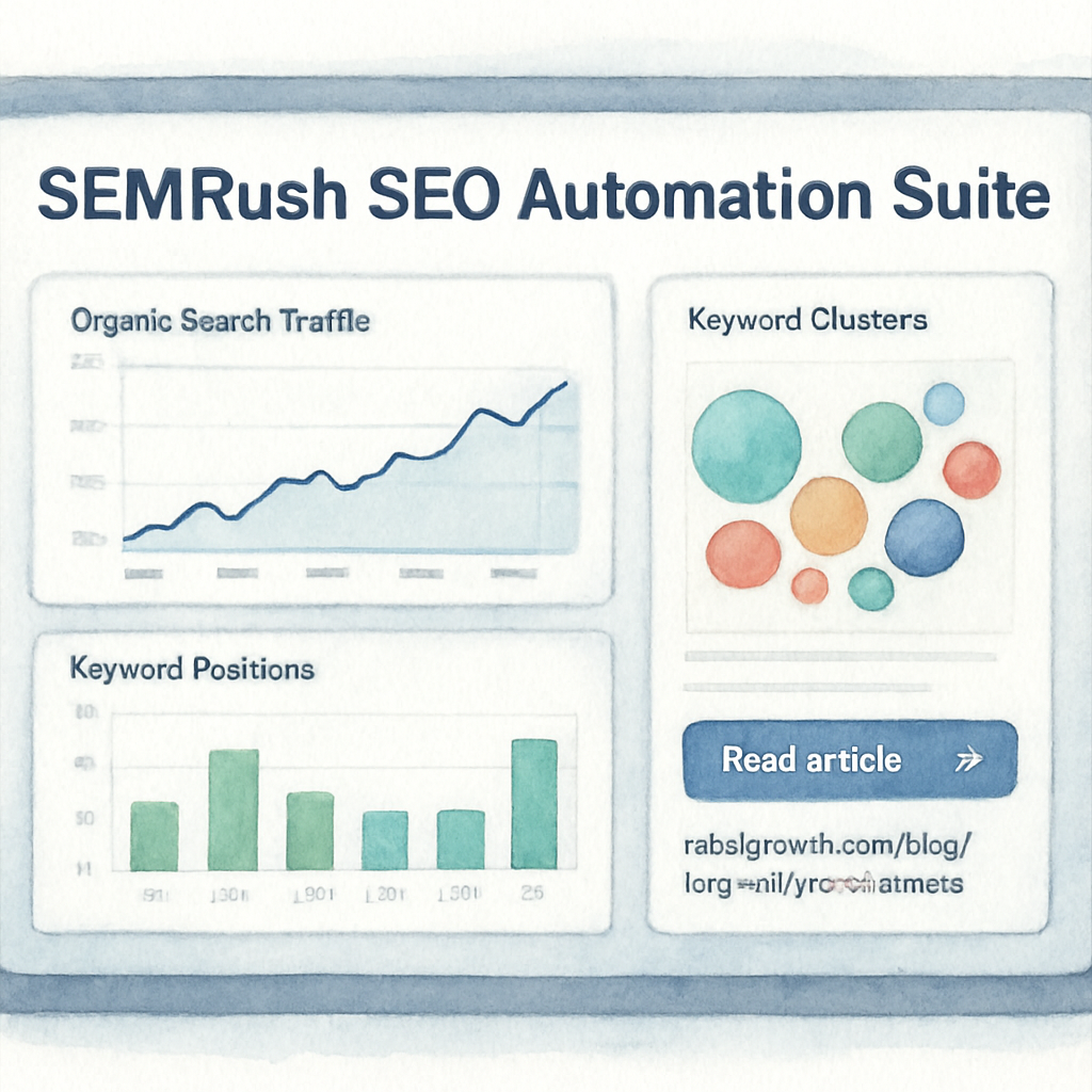 A sleek dashboard screen showing SEMrush SEO Automation Suite analytics with graphs and keyword clusters. Alt: SEMrush SEO Automation Suite dashboard overview for SEO automation tools.