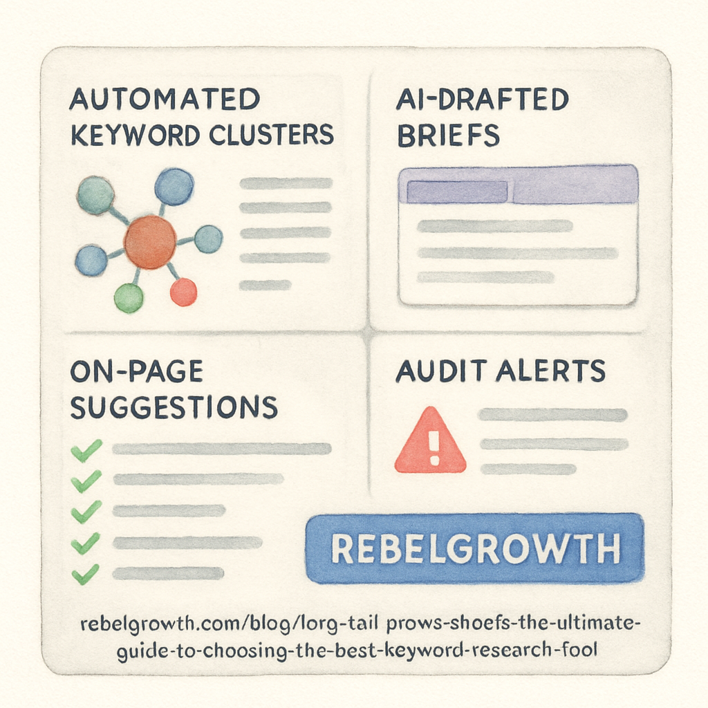 An AI‑generated illustration of a dashboard showing automated keyword clusters, AI‑drafted briefs, on‑page suggestions, and audit alerts. Alt: Surfer SEO automation workflow dashboard