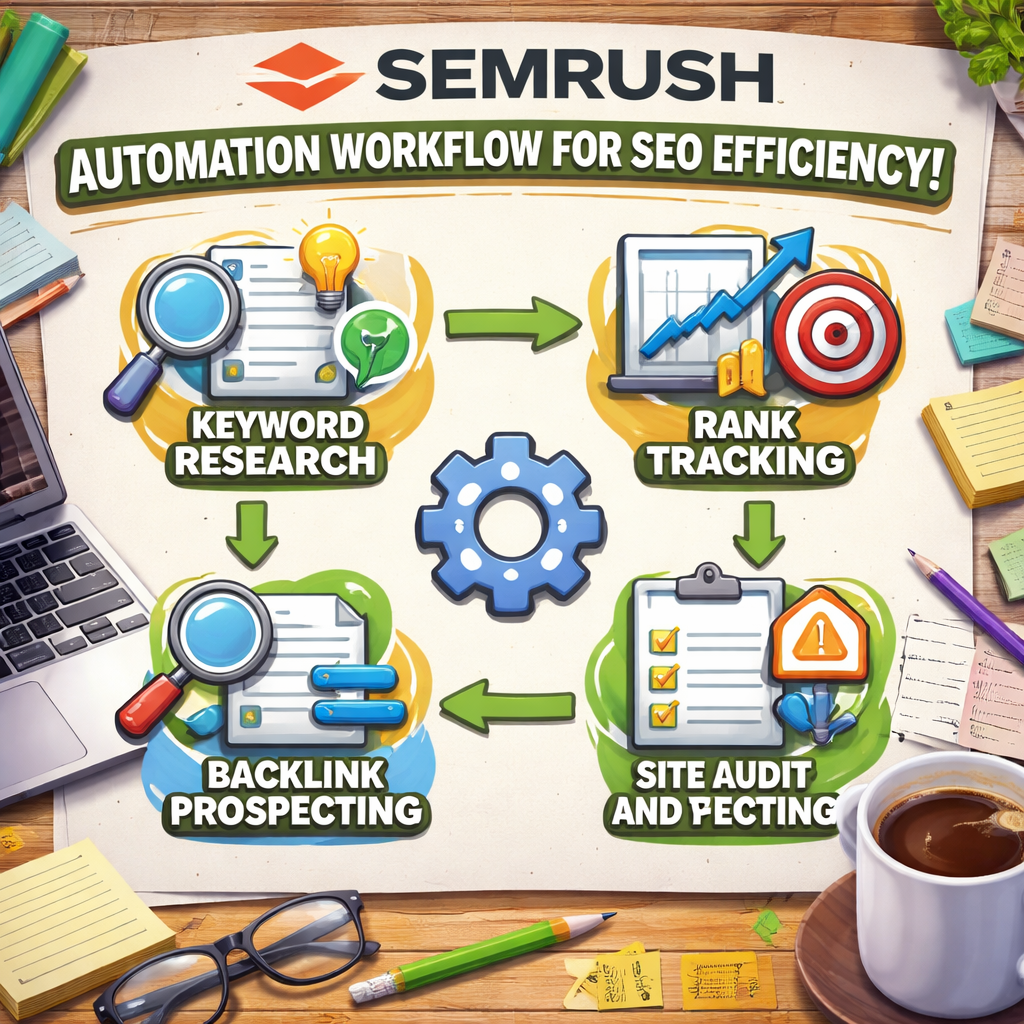 An illustration of a flowchart connecting SEMrush keyword research, rank tracking, site audit, and backlink prospecting, with icons representing each step and a coffee mug in the corner. Alt: SEMrush automation workflow for SEO efficiency.