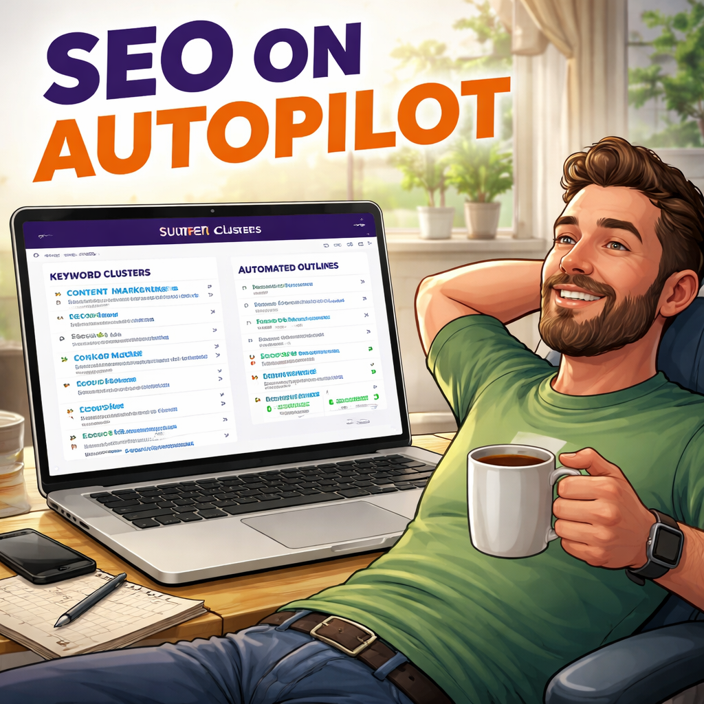 An AI‑generated illustration of a marketer relaxing with a coffee while a laptop screen shows Surfer’s keyword cluster dashboard, highlighting automated outlines and internal‑link suggestions. Alt: Surfer SEO automation workflow visualized with coffee cup.