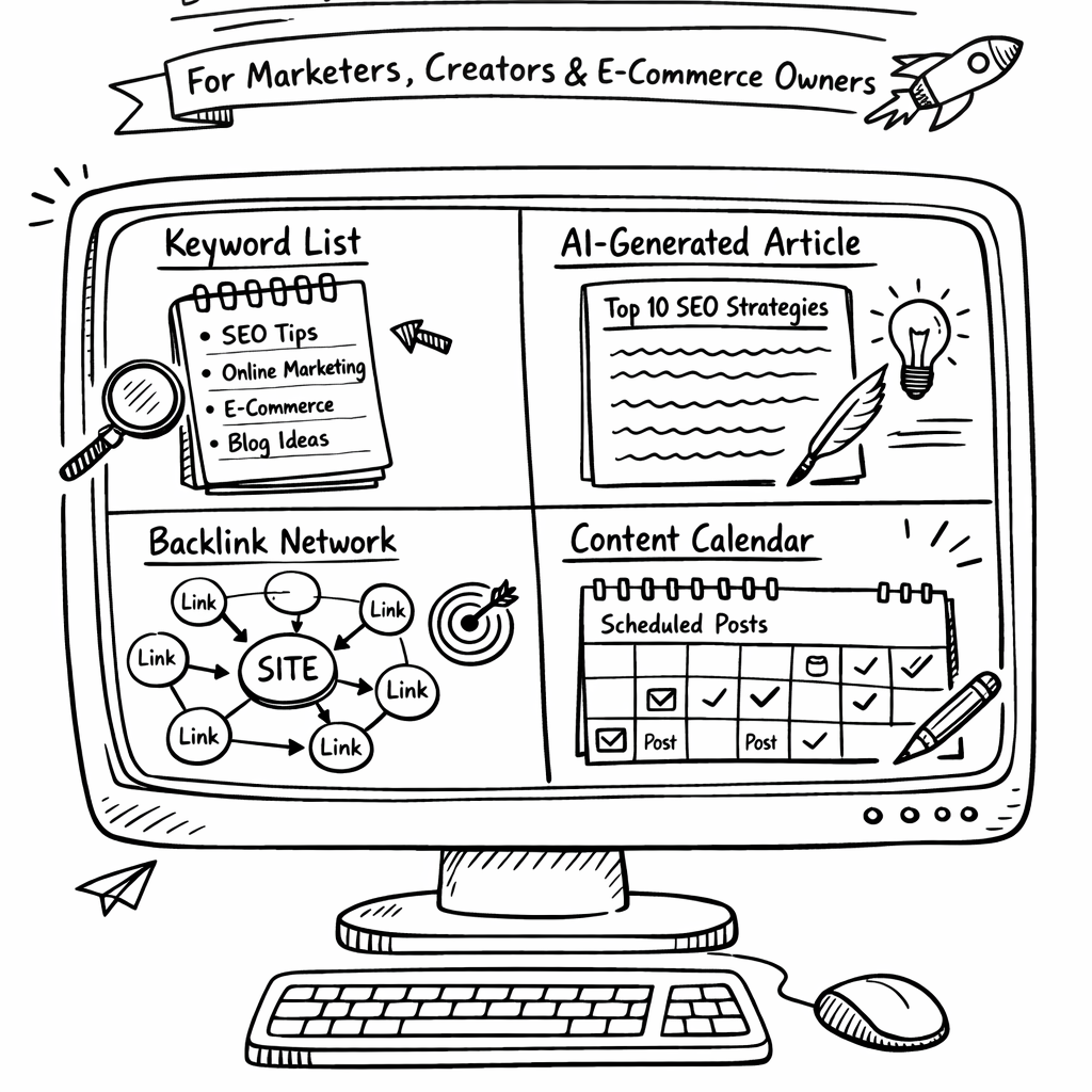 A doodle illustration of a computer screen split into four sections – keyword list, AI‑generated article, backlink network diagram, and a calendar with scheduled posts – showing how rebelgrowth streamlines the SEO content writer software workflow for marketers, creators, and e‑commerce owners. Alt: SEO content writer software workflow doodle