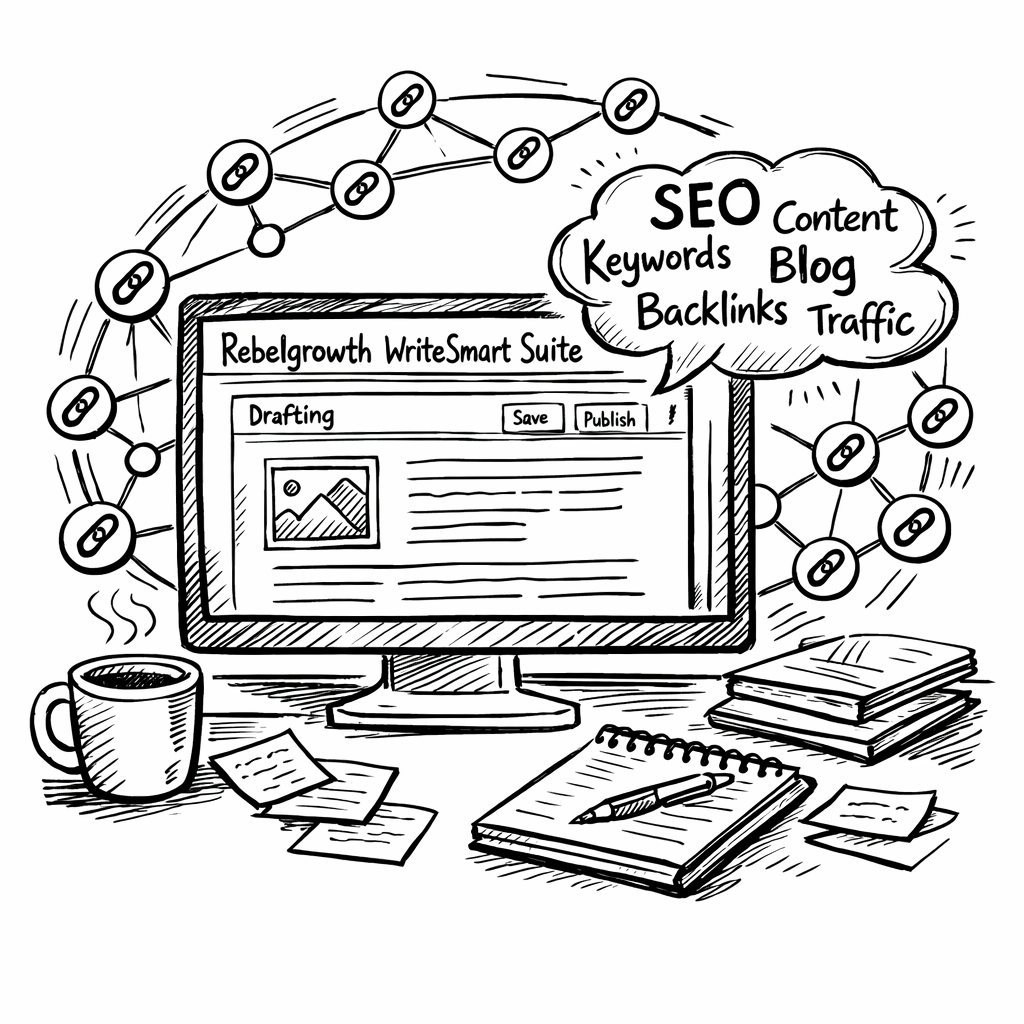 A Doodle image showing a computer screen with a drafting window, a floating keyword cloud, and a halo of connecting backlink nodes, set on a cluttered desk with a mug and notebook, tailored for digital marketing managers and content creators. Alt: Rebelgrowth WriteSmart Suite doodle for seo content writer software.