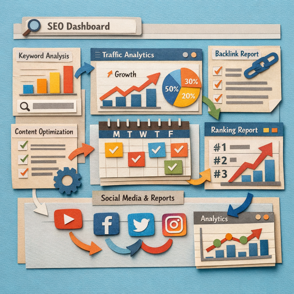 A Papercraft style illustration of a digital dashboard with charts, content calendars, and social icons, showing a smooth workflow for SEO agencies. Alt: best seo tools for agencies workflow diagram