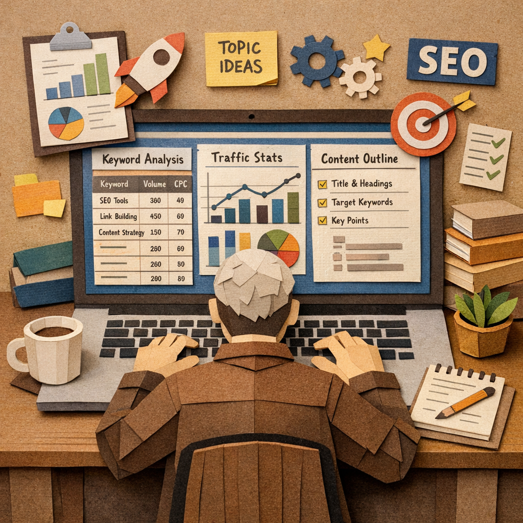 A Papercraft style scene of a researcher looking at a laptop screen filled with charts, keyword tables, and content outlines, illustrating data‑driven SEO planning. Alt: best seo tools for agencies data driven planning