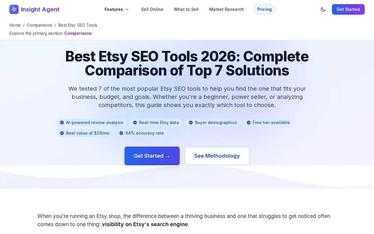 Screenshot of the InsightAgent: Focused analysis for Etsy sellers website