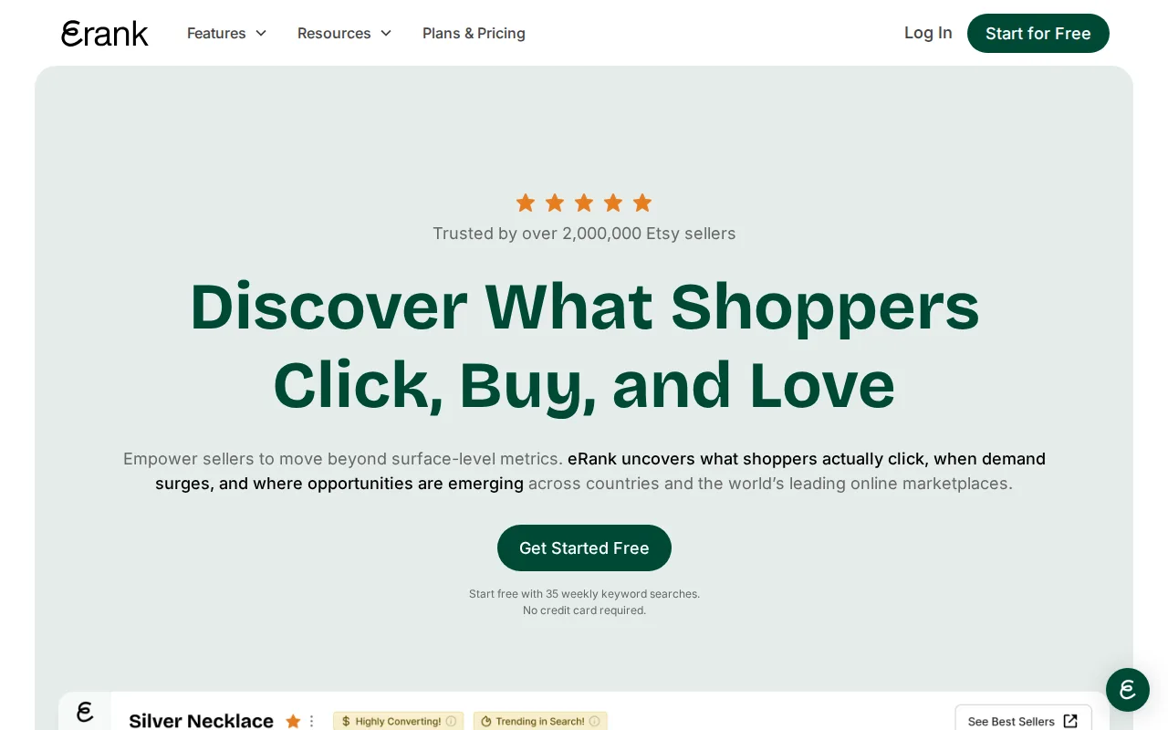 Screenshot of the eRank: Broad Etsy SEO research for all-around sellers website