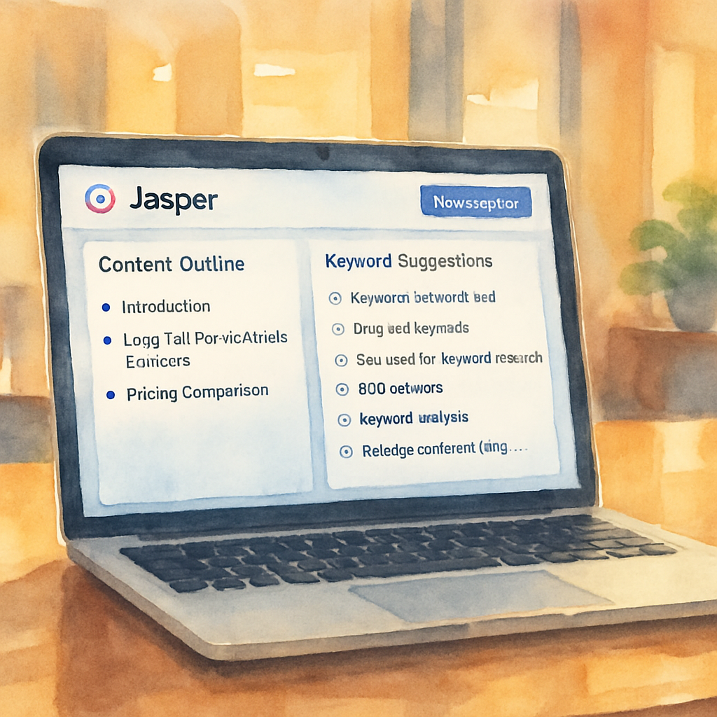 A sleek laptop screen displaying Jasper AI’s dashboard with a content outline and keyword suggestions, warm lighting, modern office background. Alt: Jasper AI content generation dashboard for SEO-friendly writing
