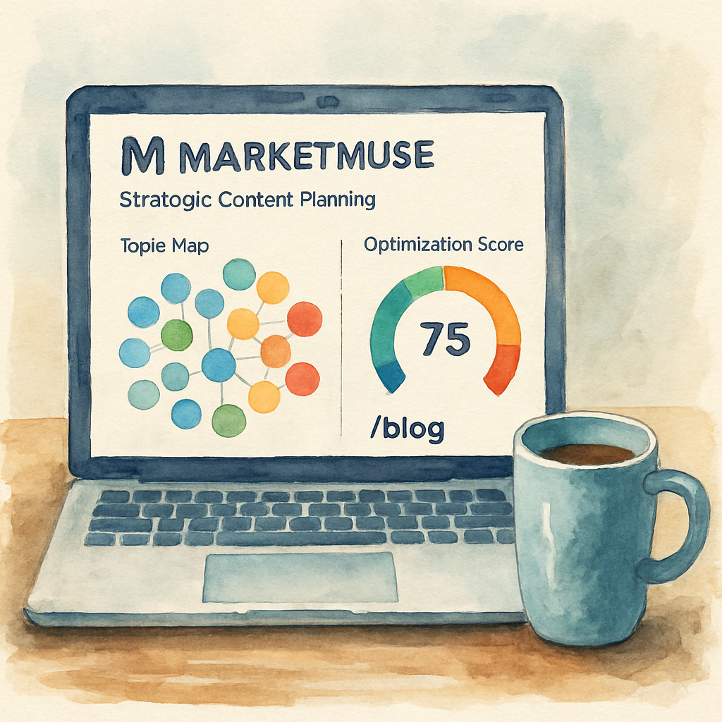 A sleek dashboard displaying MarketMuse’s topic map and optimization score, with a laptop and coffee mug nearby. Alt: MarketMuse strategic content planning dashboard with score visual.